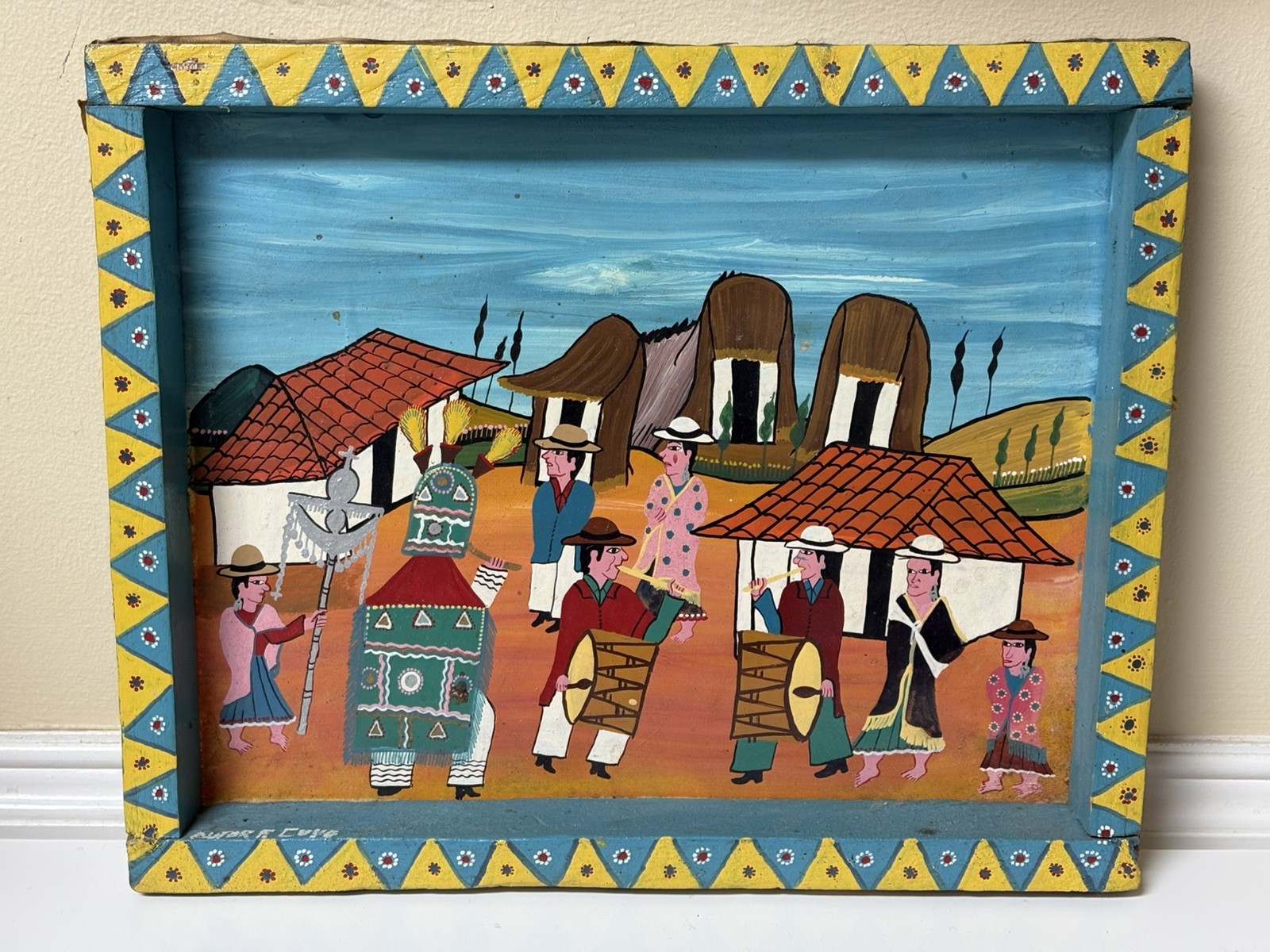 Vtg Hand Painted Peruvian Folk Art On Animal Hide Signed & Framed Original
