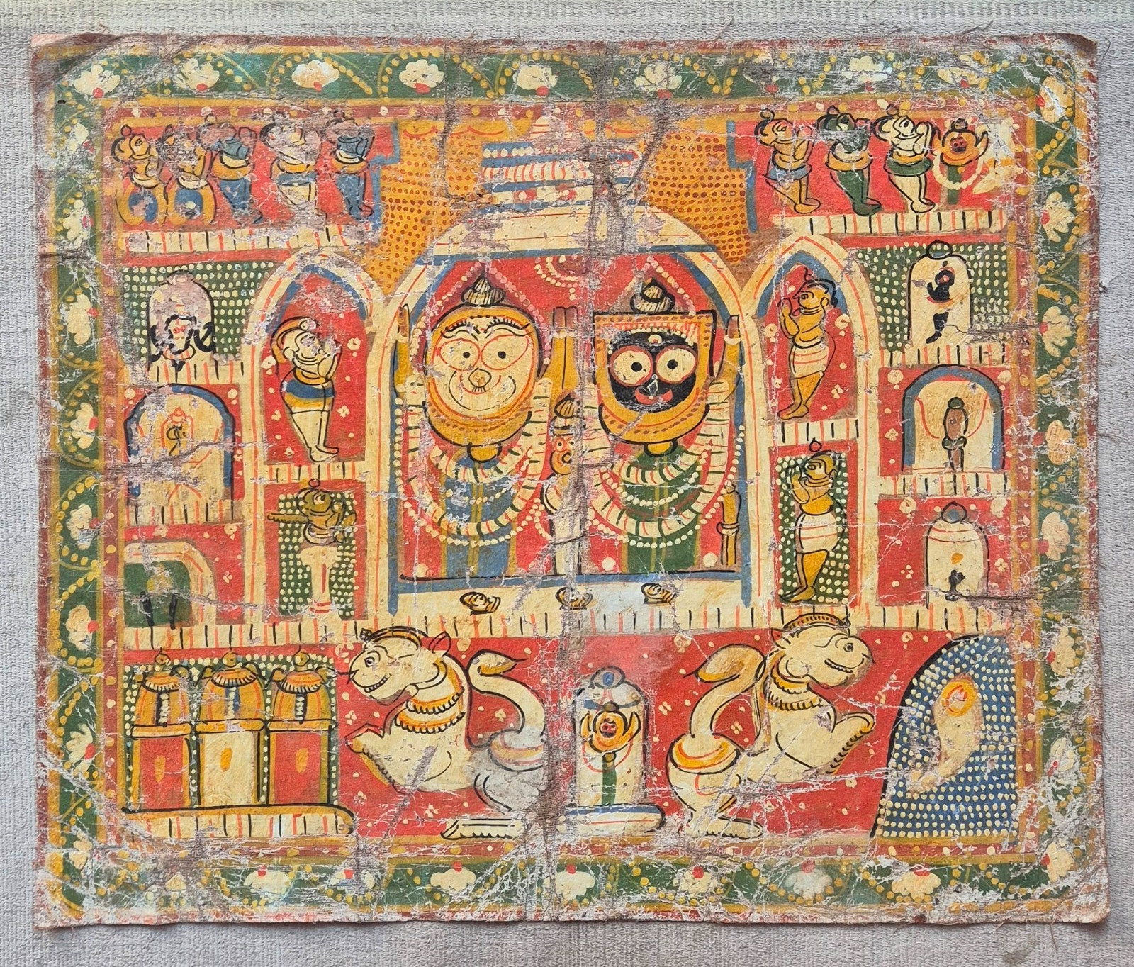 ANTIQUE HANDMADE 150 YEAR OLD PAINTING OF «LORD JAGGANATH JI» ON VINTAGE CLOTH.