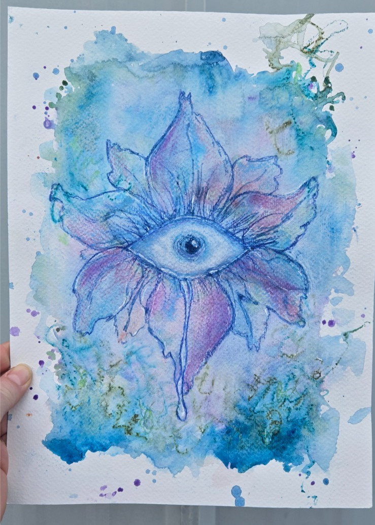 Original Floral Eye Mixed Media Painting 9×12 Signed Watercolor