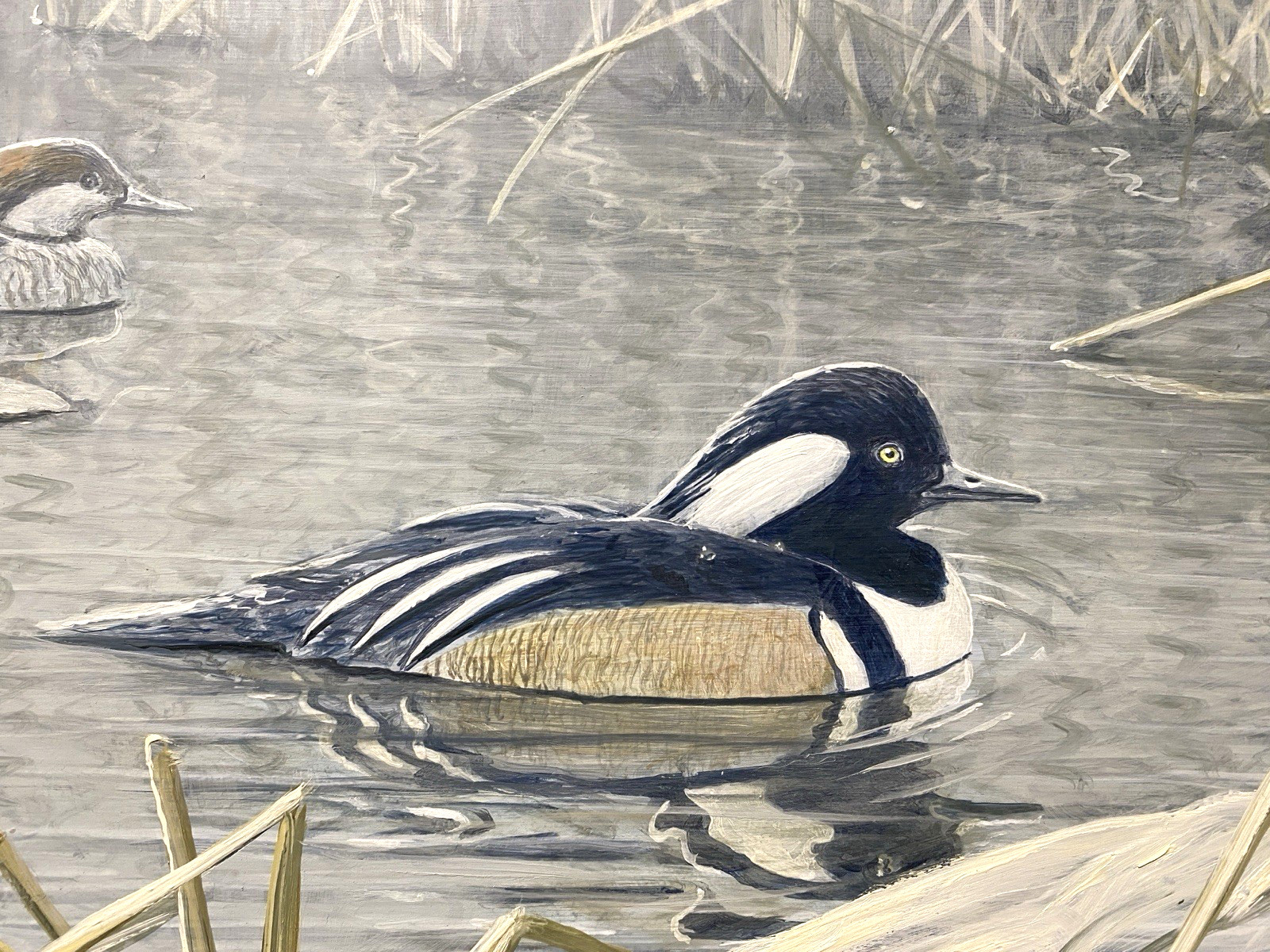 MICHAEL FRASE ORIGINAL BIRD/DUCK ART PAINTING HOODED MERGANSER PAIR, SIGNED, OIL
