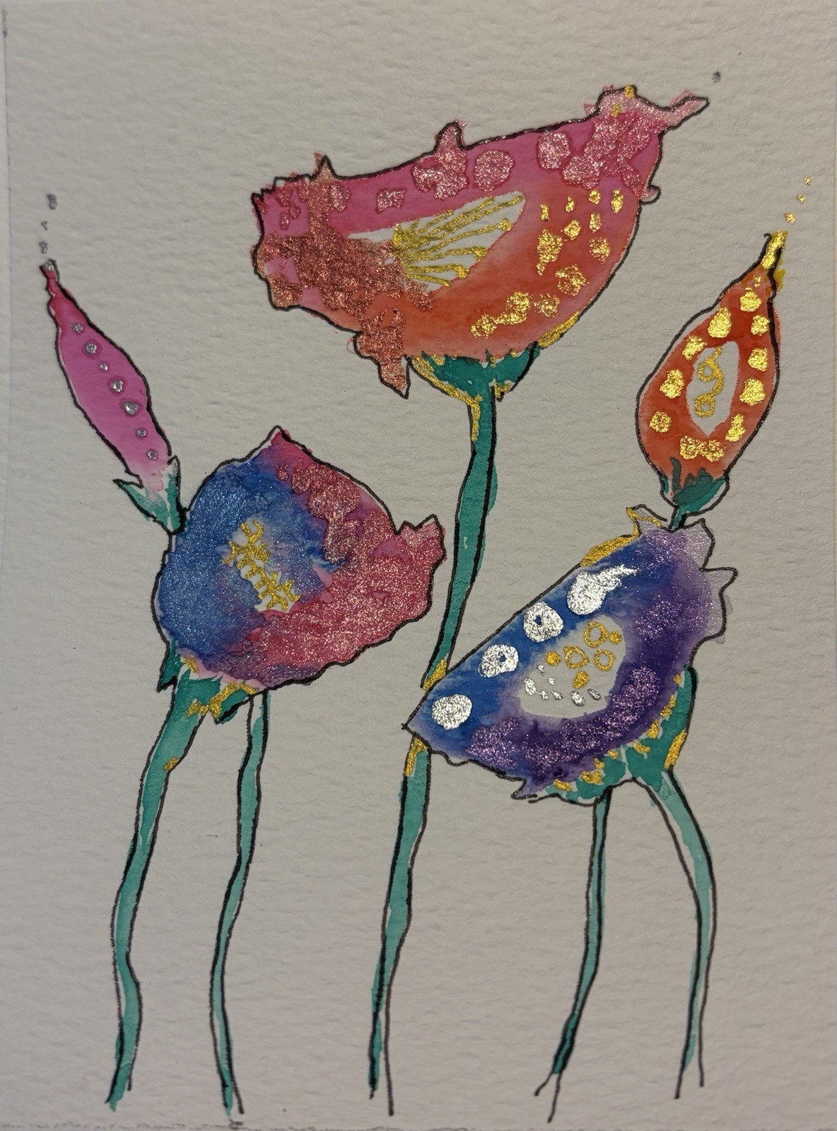 ACEO Watercolor Floral. Whimsical Original Painting 3 1/2 x 4 1/2 Whimsy, Fun