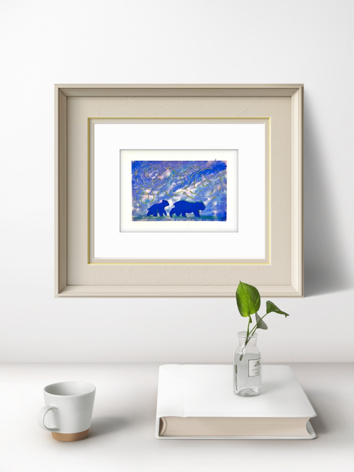 Two Bears In Northern Lights Original Abstract Contemporary 5×7 Paper Signed