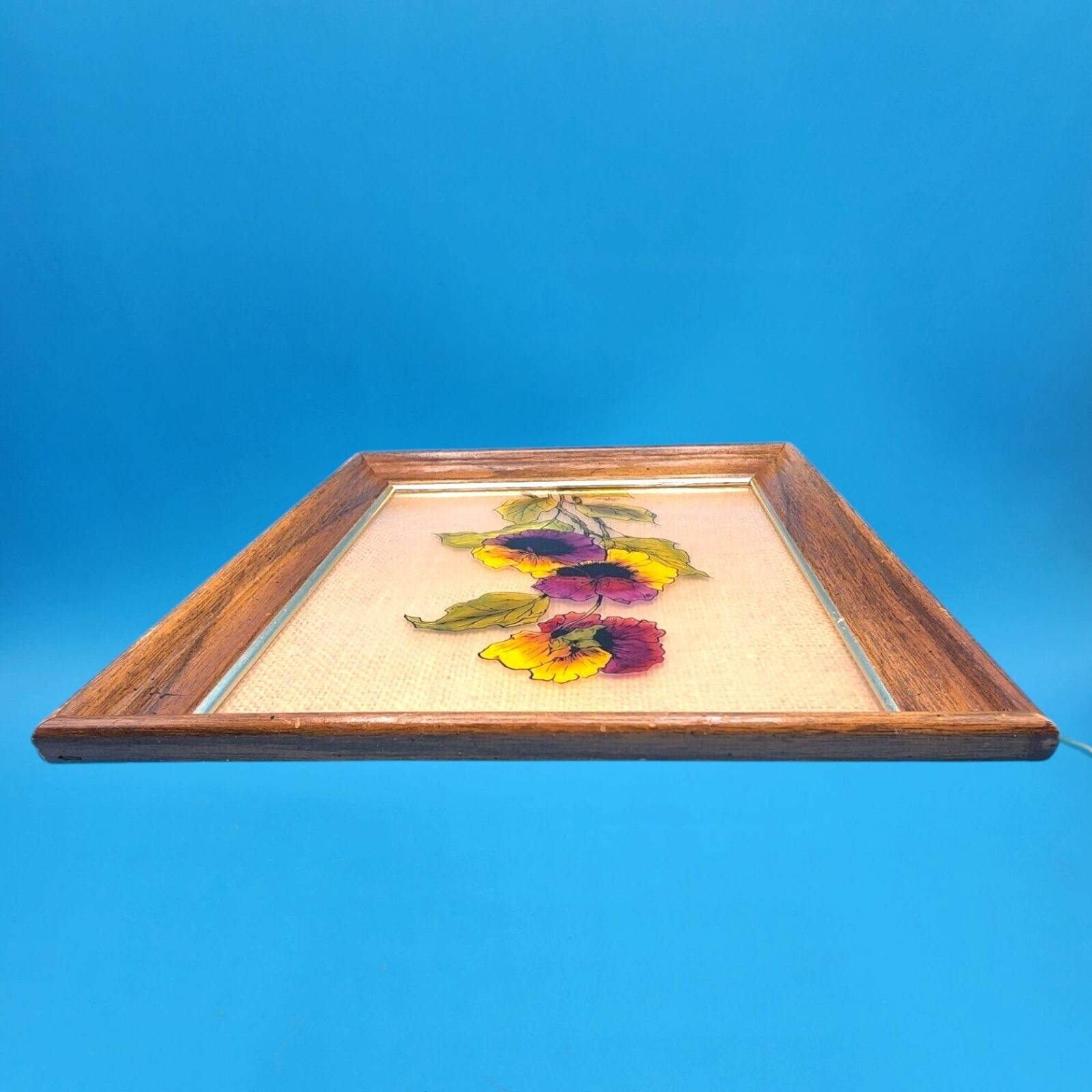 Vintage Reverse Painted Pansy Floral On Glass Signed Art Framed 10″L x 12″H
