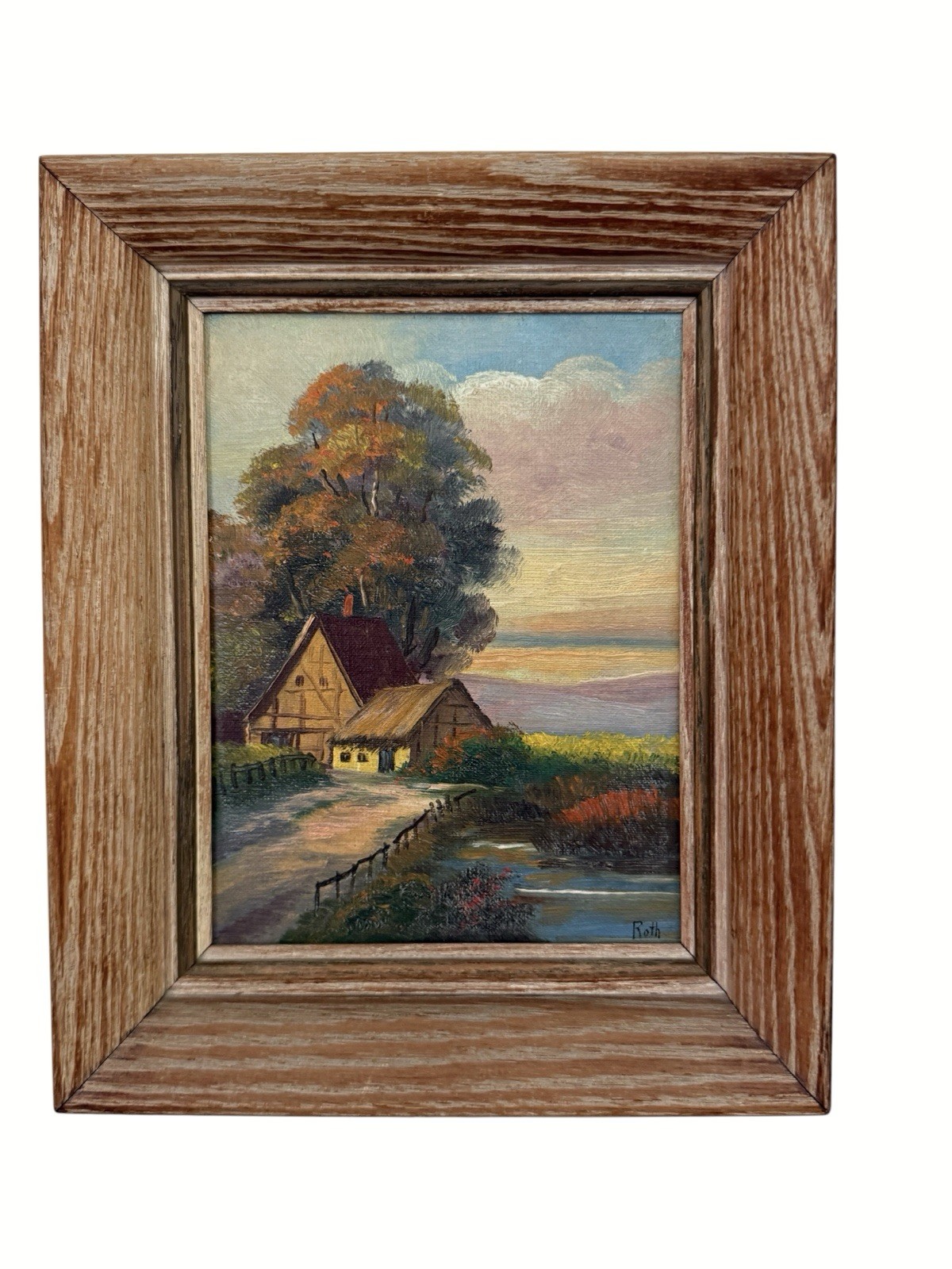 Vintage Small Hand Painted Oil Painting Carl Roth Framed Cottage Landscape Art