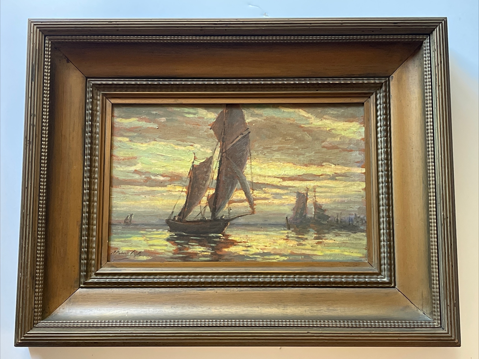ANTIQUE TONALISM PAINTING SUNSET NAUTICAL SEA BOAT SHIP ARCHIE WIGLE MICHIGAN
