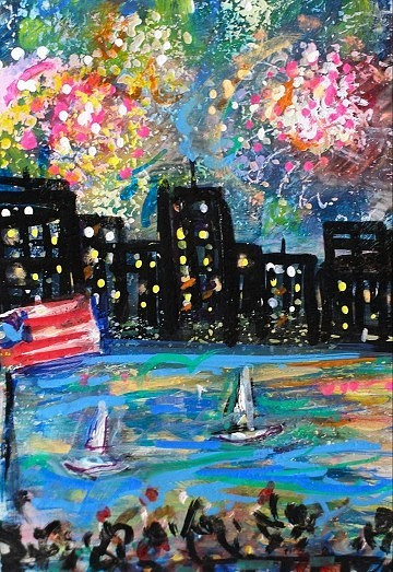 ACEO Original Painting FIREWORKS Summer 4th July People USA Flag Boats City ART