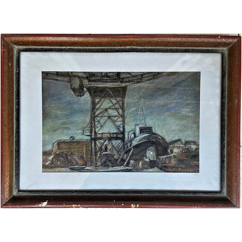 Signed C Bogdan 1960s Pastel Painting Naval Shipyard Industrial Romanian Scene