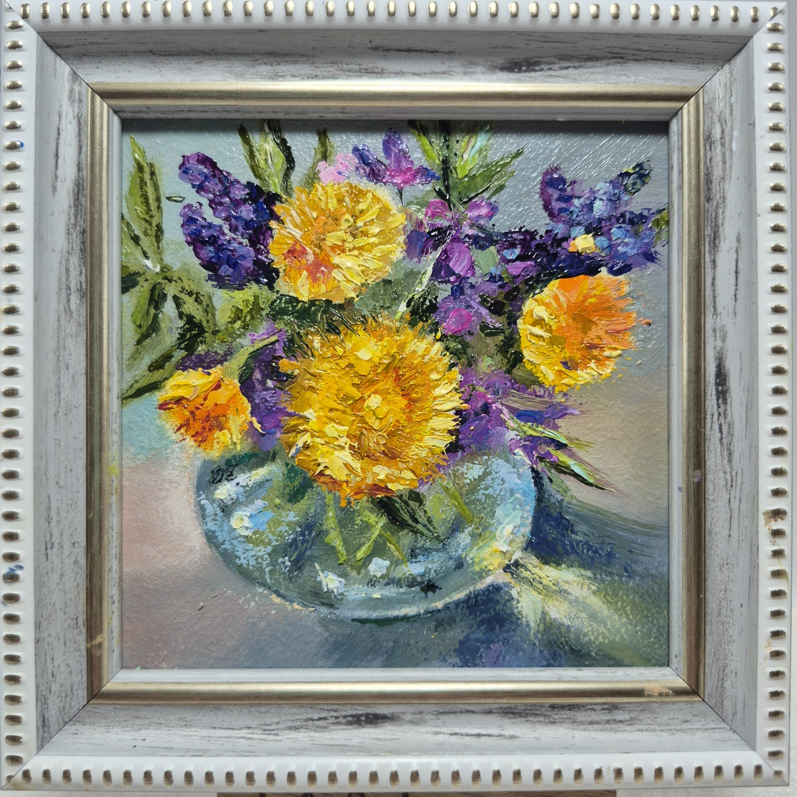 Original autographed oil painting in a frame. Dandelions. Impressionism. 4×4 inc