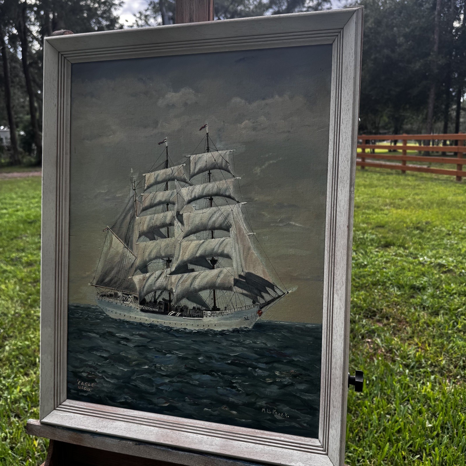 Vintage USCGC Eagle Oil Painting Signed M. L. Kauck Framed Nautical Wall Art