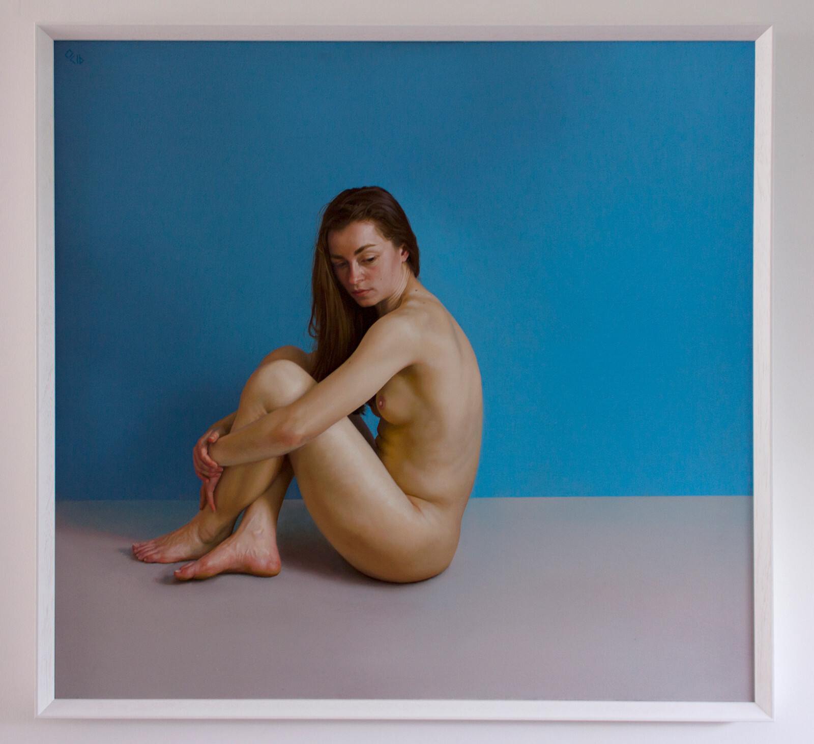 Original Framed Oil Painting Female Nude Girl sitting Realist bedroom artwork