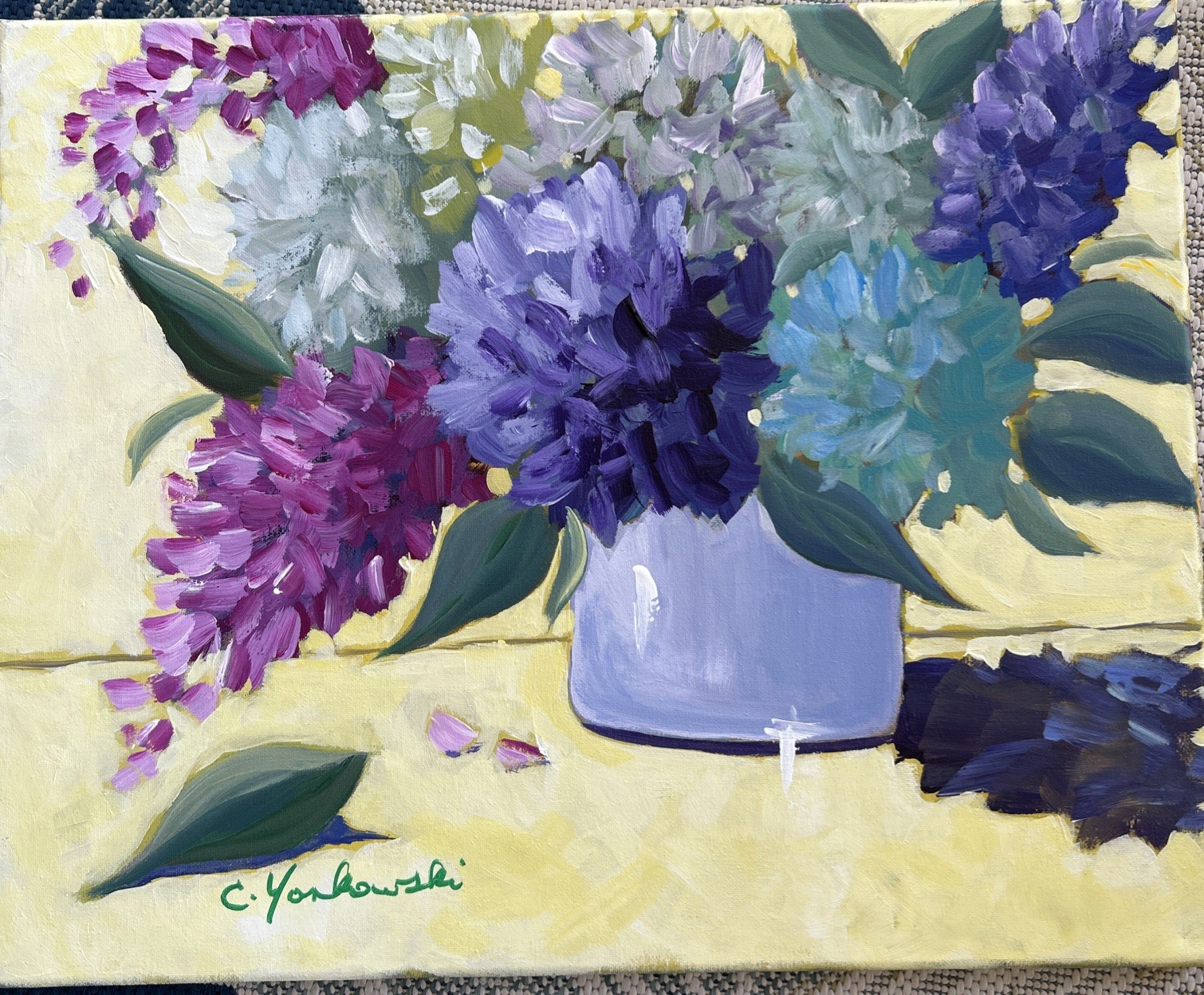 Acrylic Still Life Hydrangeas Lilacs Blue Purple Green Yellow Bold Serene Calm