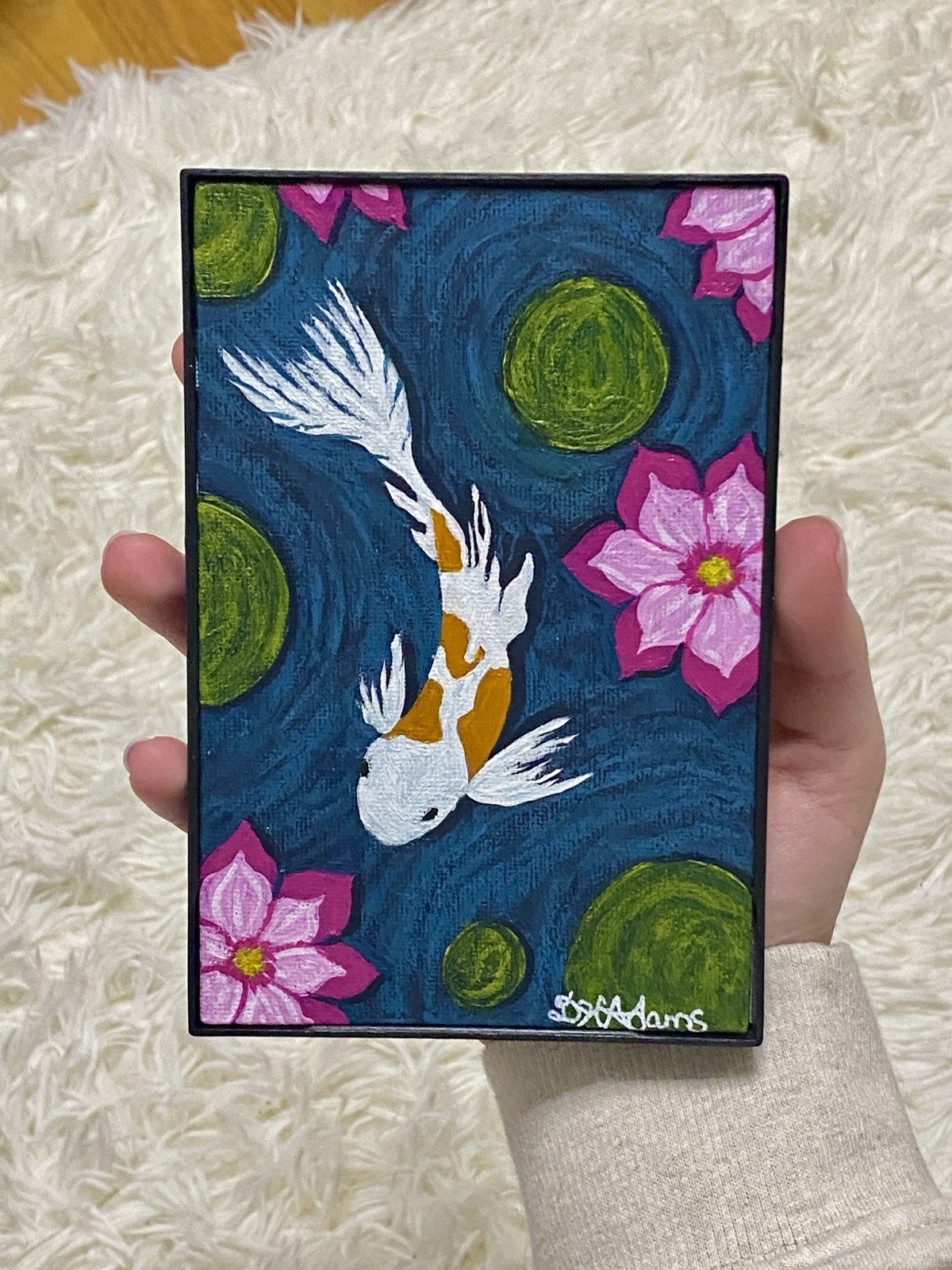 Framed Original Koi Fish Miniature Acrylic Painting – 4×6 Small Zen Pond Art