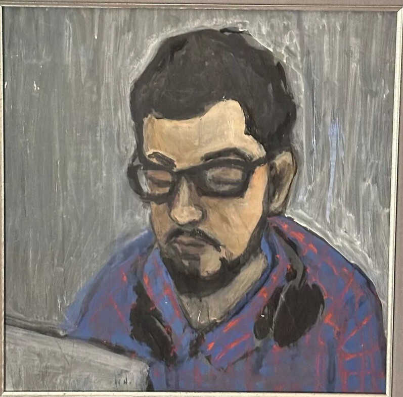 Portrait Man “In the studio” Mixed Media Painting / Paper Myst. Artist Framed