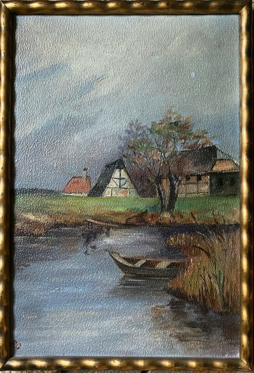 Oil Painting On Cardboard 1900 Farmhouse By Lakeside With Boat Monogr. EG Oil