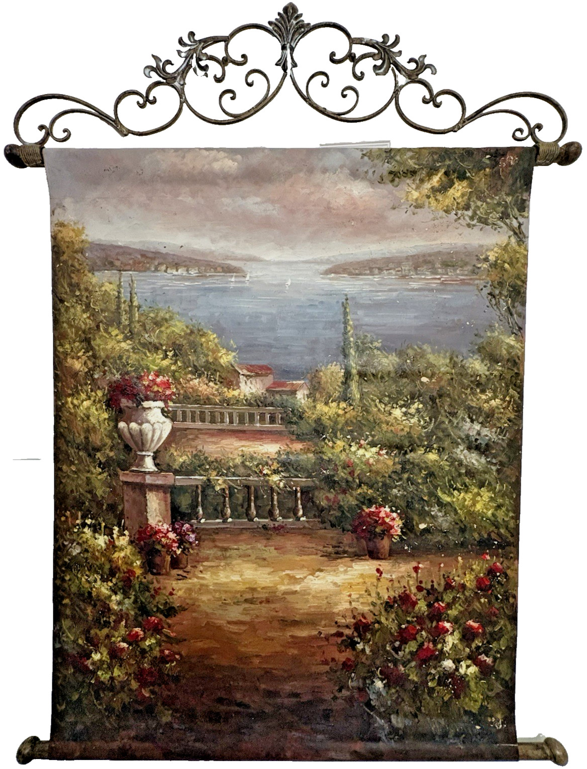 HUGE Hanging Italy Villas Floral Tuscany Hand Painted Oil Canvas Print 46″ X 36″