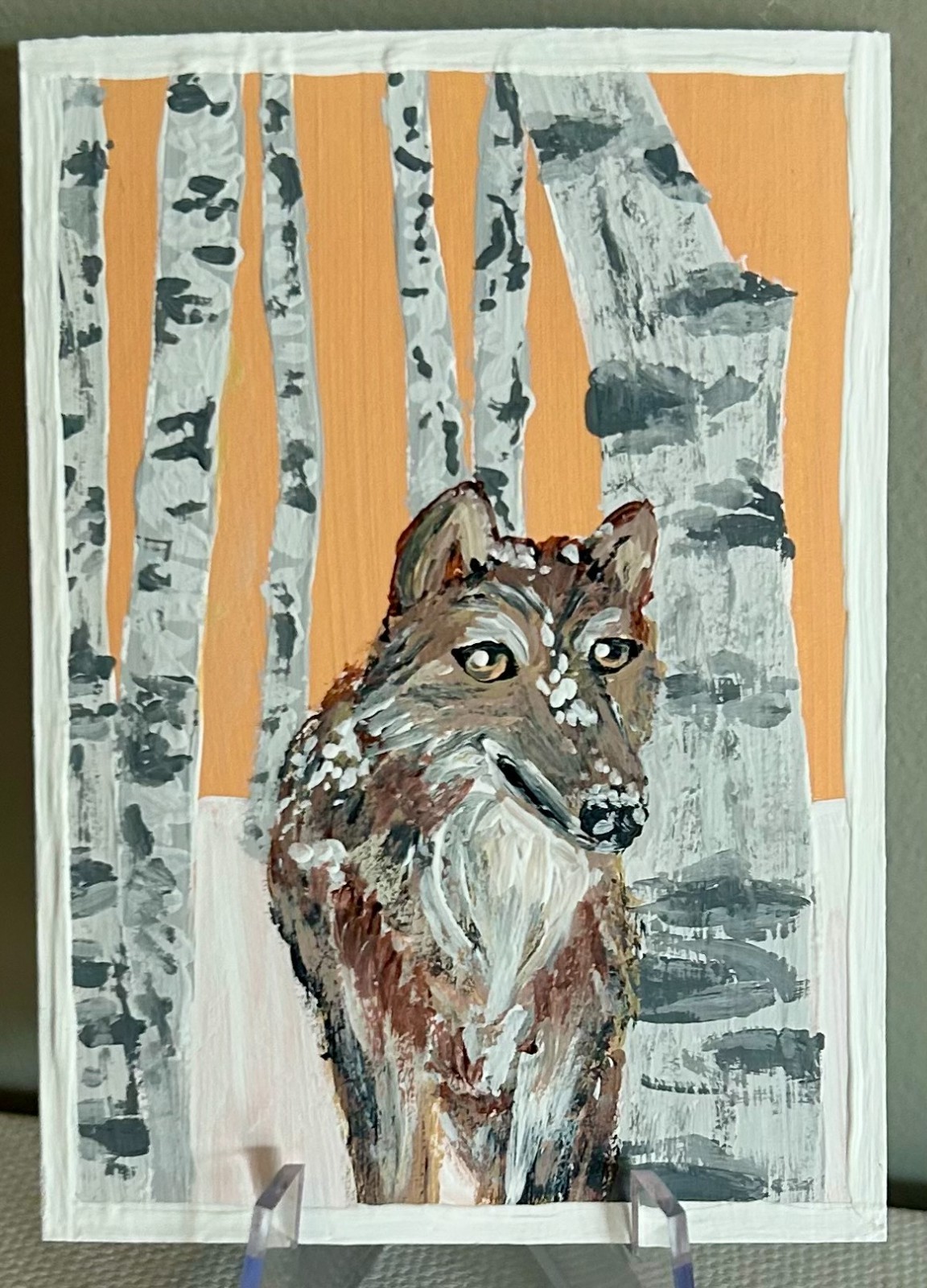 ACEO OOAK Original Acrylic Painting by AnneliseK, Grey Wolf, Forest, 2.5 X 3.5in