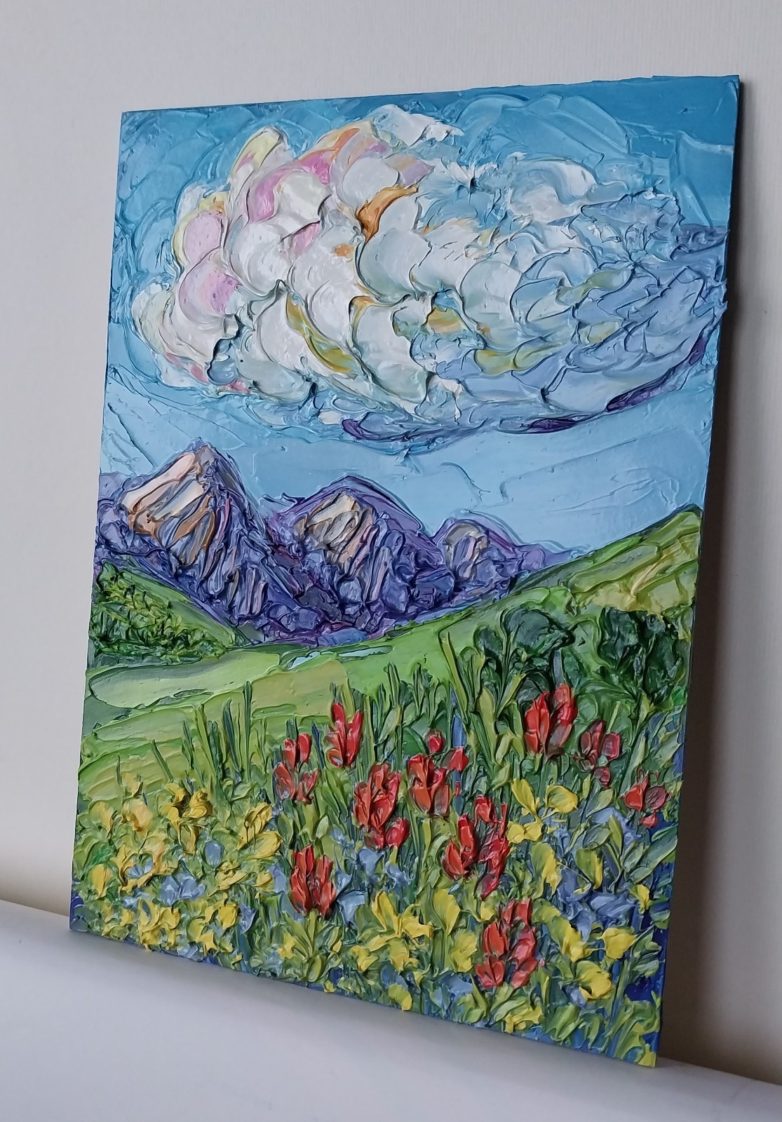 Framed Rocky Mountain Red Flowers Landscape 5×7” Impasto Oil Painting Original