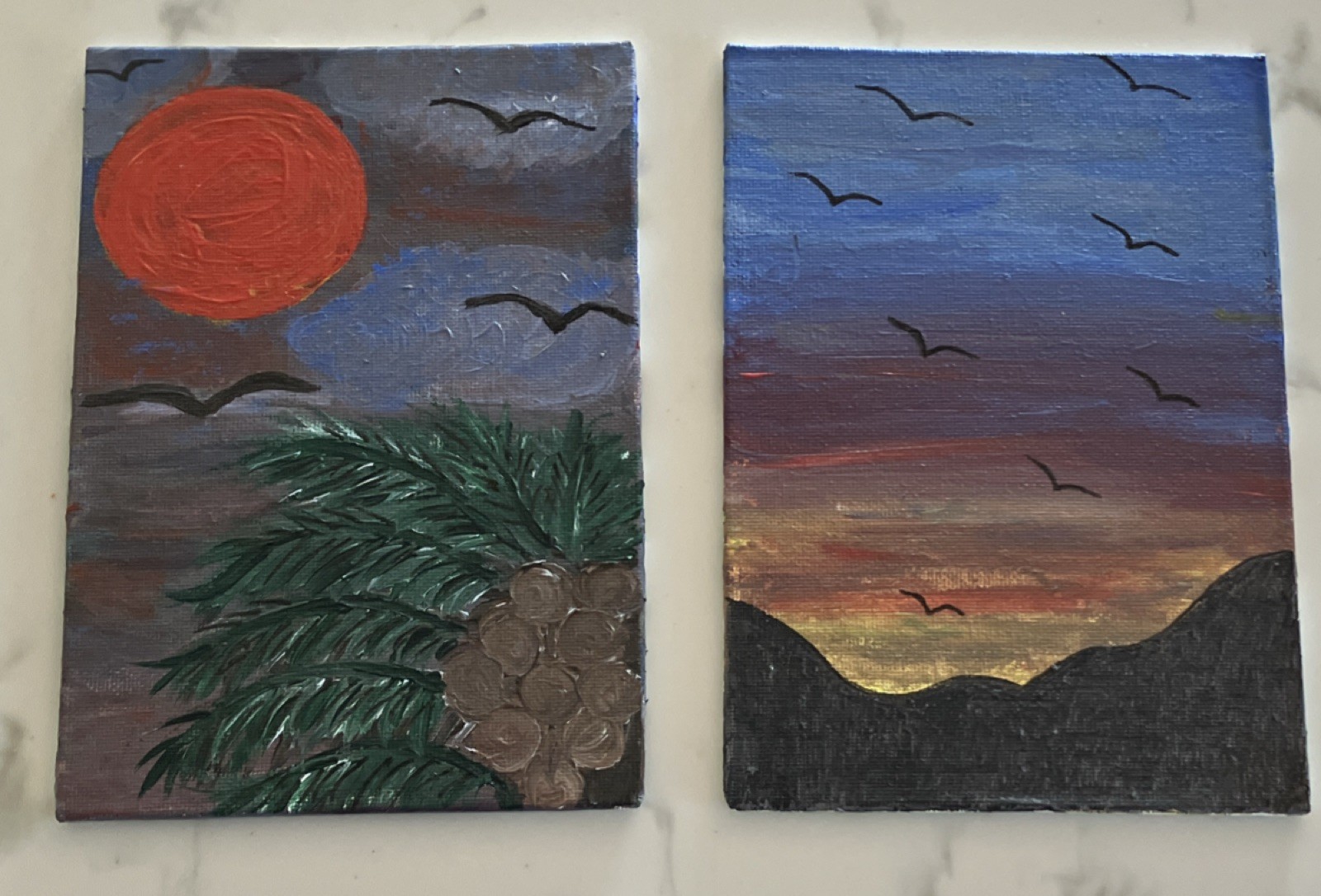 Set of 2 Sunset Birds Landscape Canvas Paintings, Small, Unframed