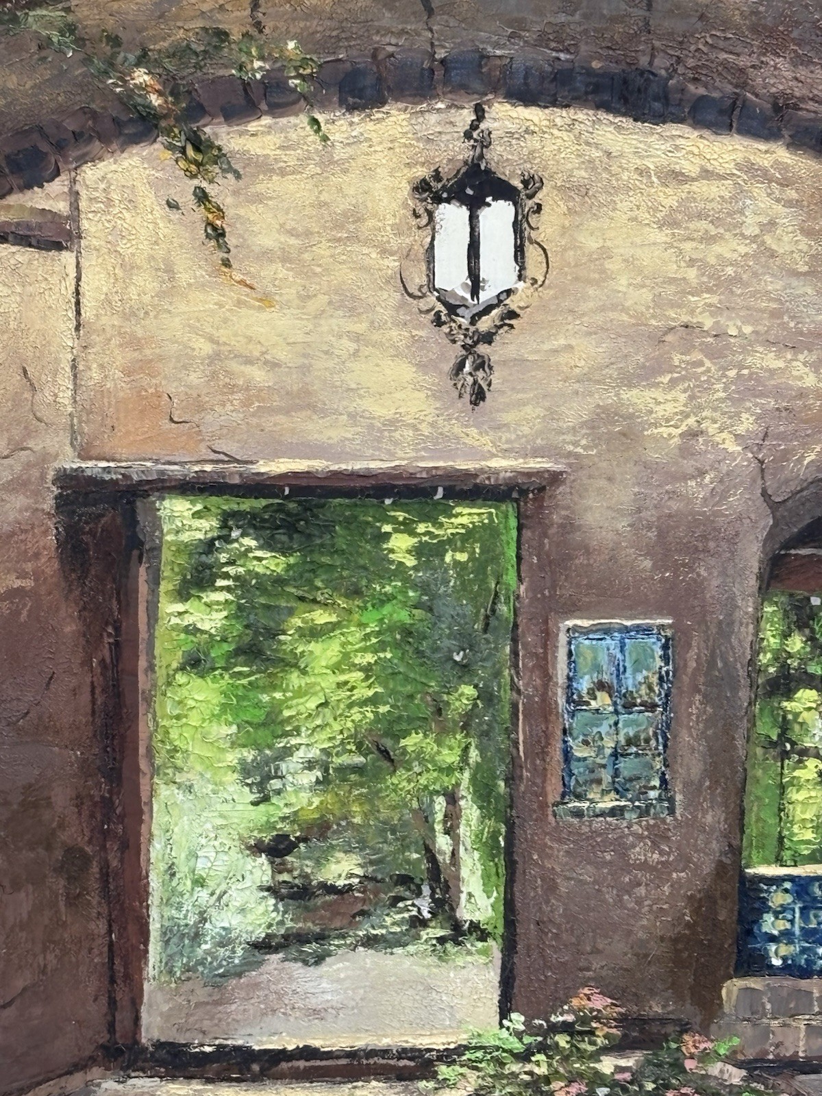 Original Framed Signed Mediterranean Courtyard Archway Painting Spanish Villa