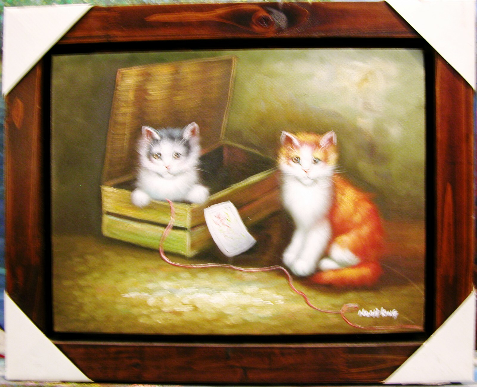 CAT PET IN WOOD BOX WATCH PLAY YARN 16″ HAND PAINTED OIL PAINTING ART GIFT 05