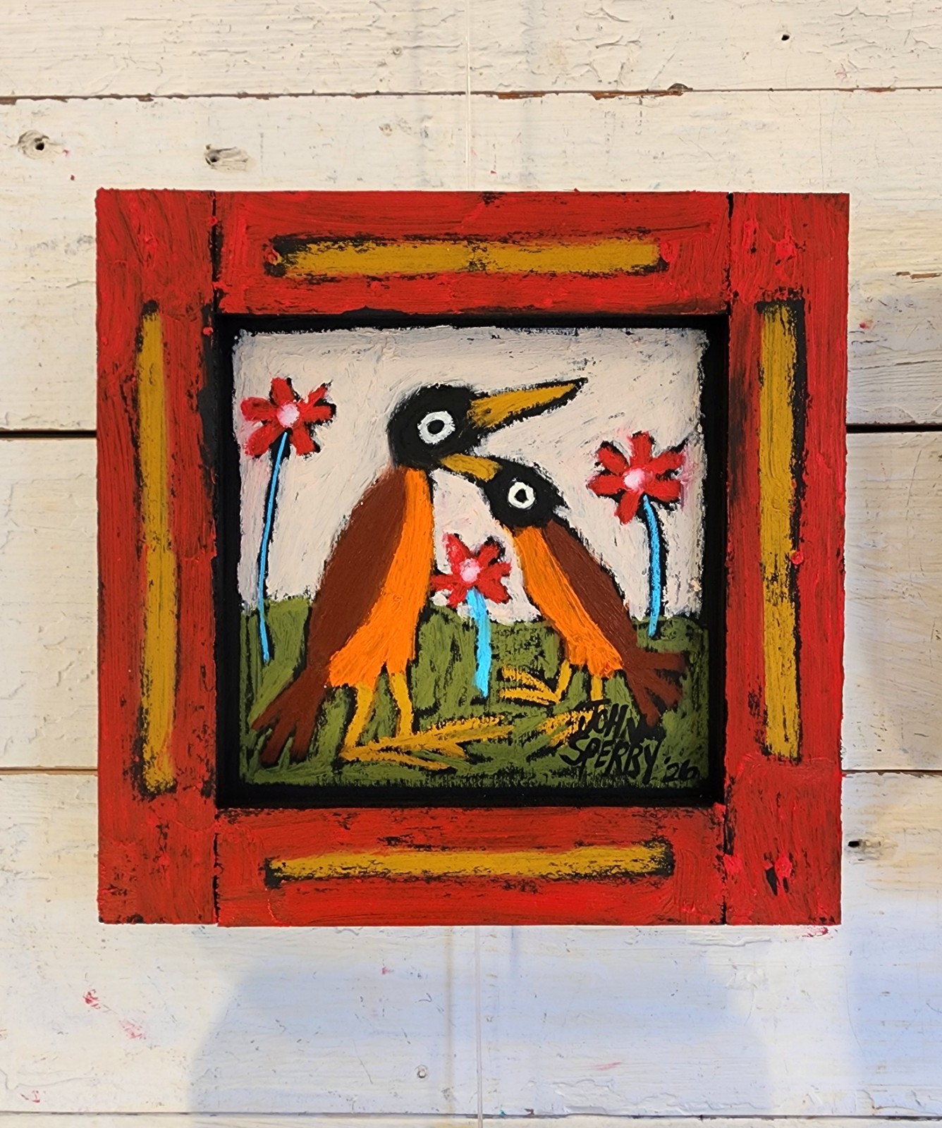 John Sperry Outsider Southern Primitive Folk Art ROBINS Birds Painting