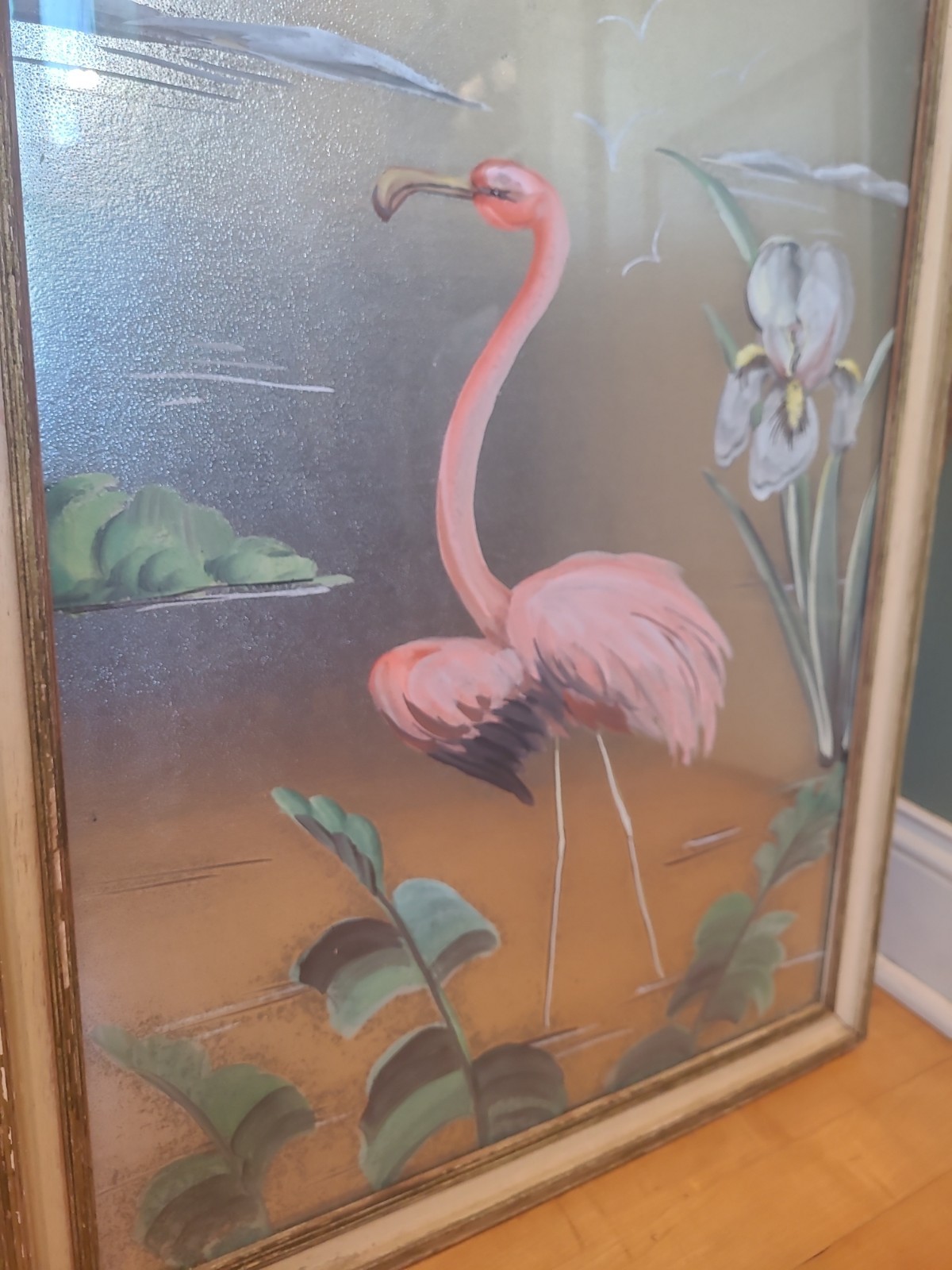 Vintage 1950s MCM Pair Flamingos Paintings On Silver Original 18×24 Frames