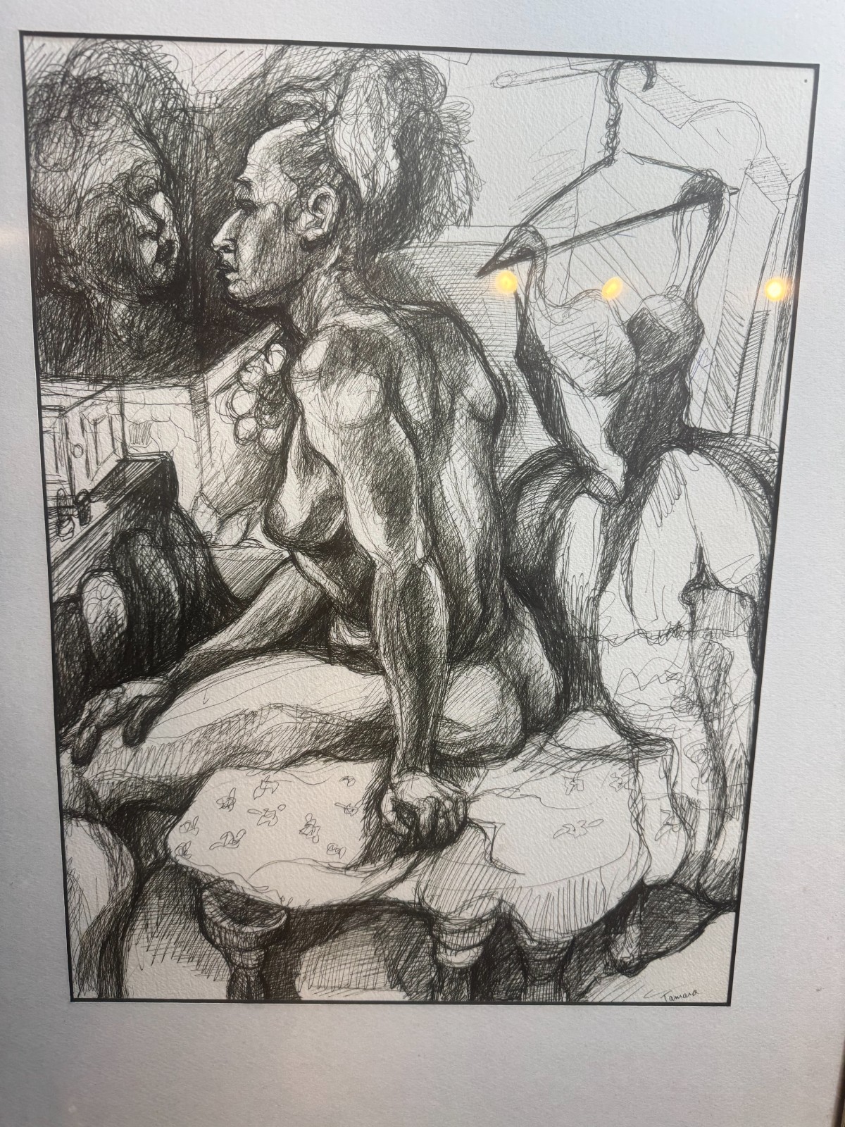 Tamara Signed Modernist Female Nude Bedroom Pen Ink Drawing Framed VG Cond 24×18