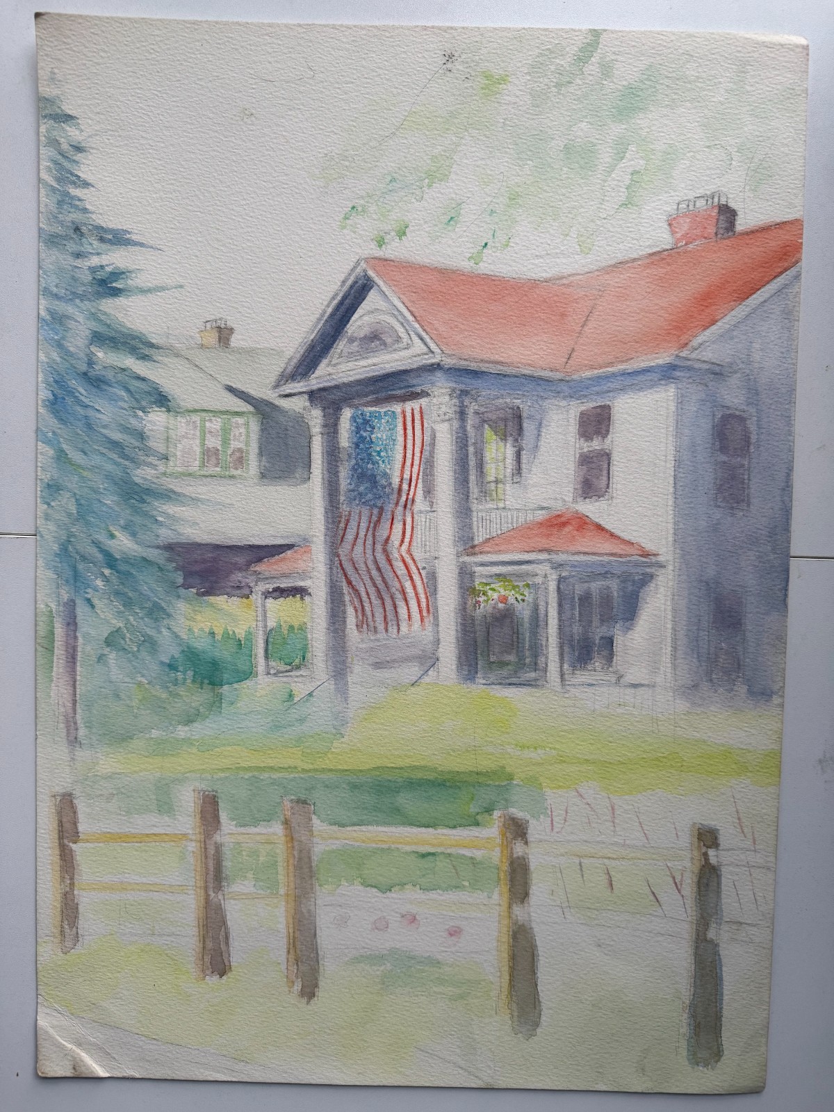 Vintage Watercolor Painting Patriotic Americana Landscape 14 x 20 OOAK