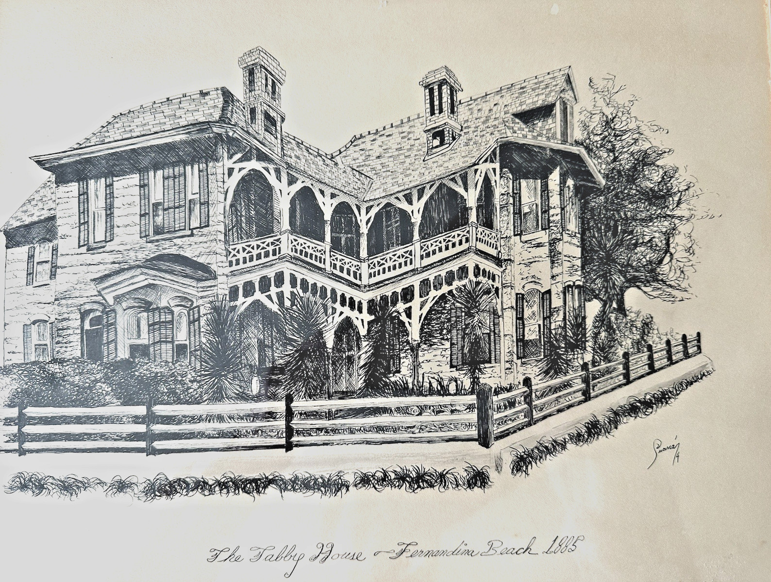 1885 ANTIQUE PAINTING of the HISTORIC «Tabby House», Fernandina Beach, FLORIDA