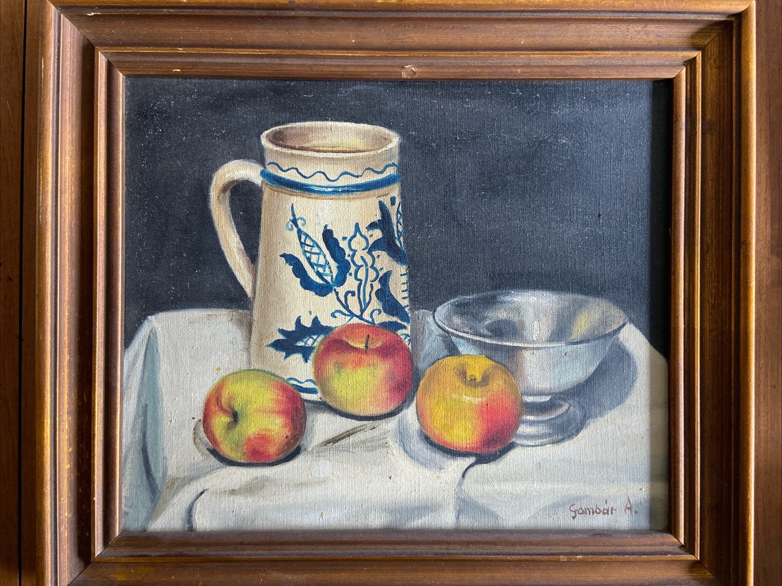 Vintage Andras Gombar Still Life Painting Canvas Framed Crockery Apples Signed