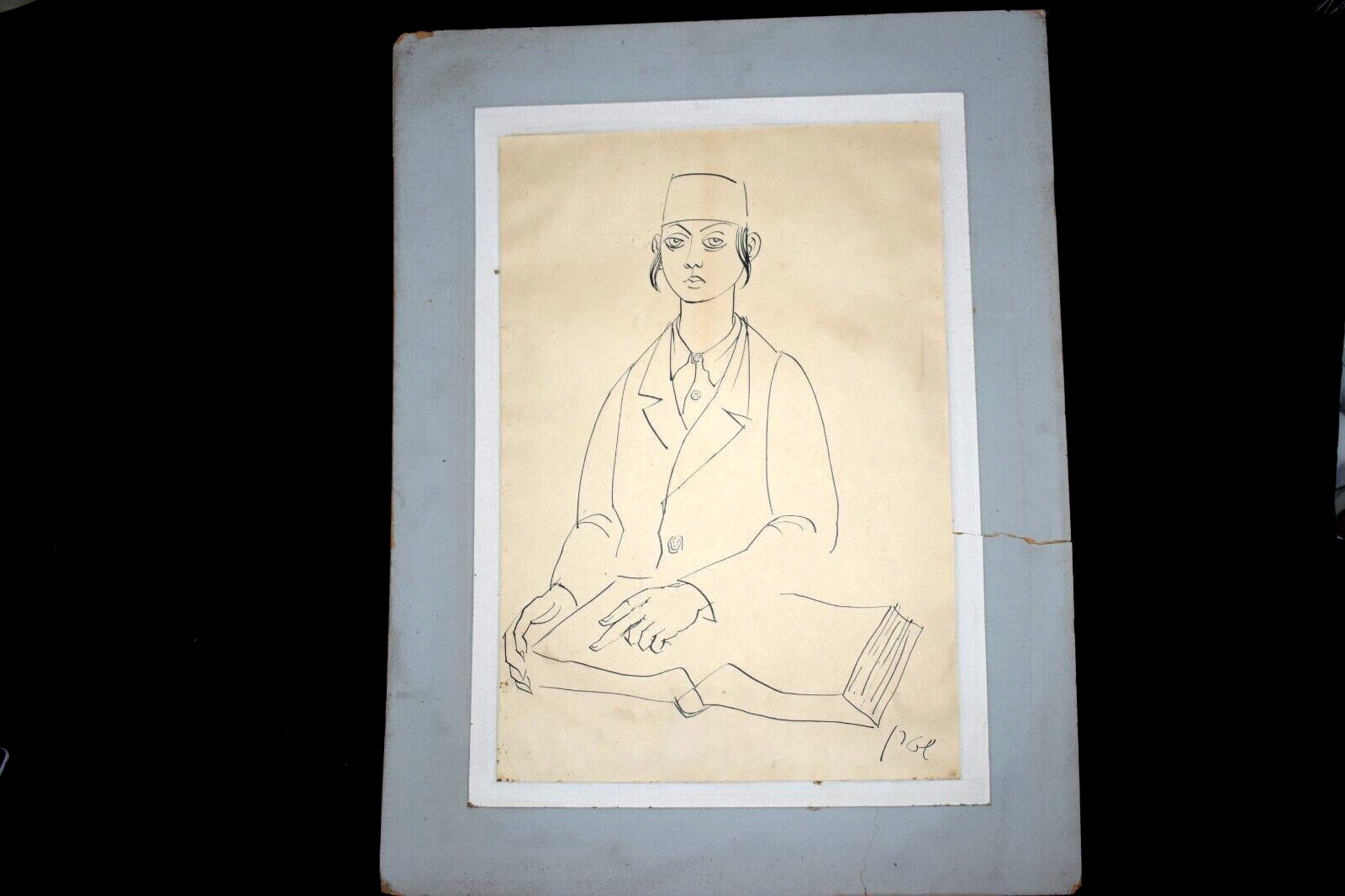 Original Vintage YOSSI STERN «Yeshiva» Black Ink on Paper Drawing ca.1959 Signed