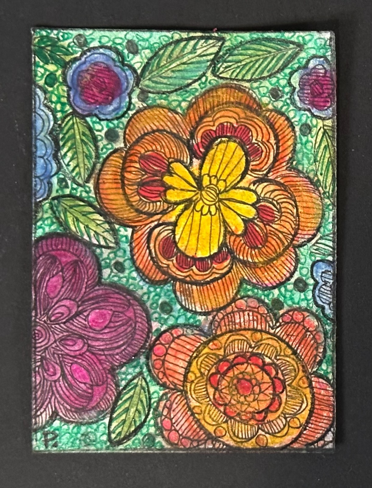 ACEO Original watercolor pencil pen & ink Hand Painted 2.5″ x 3.5″ flowers