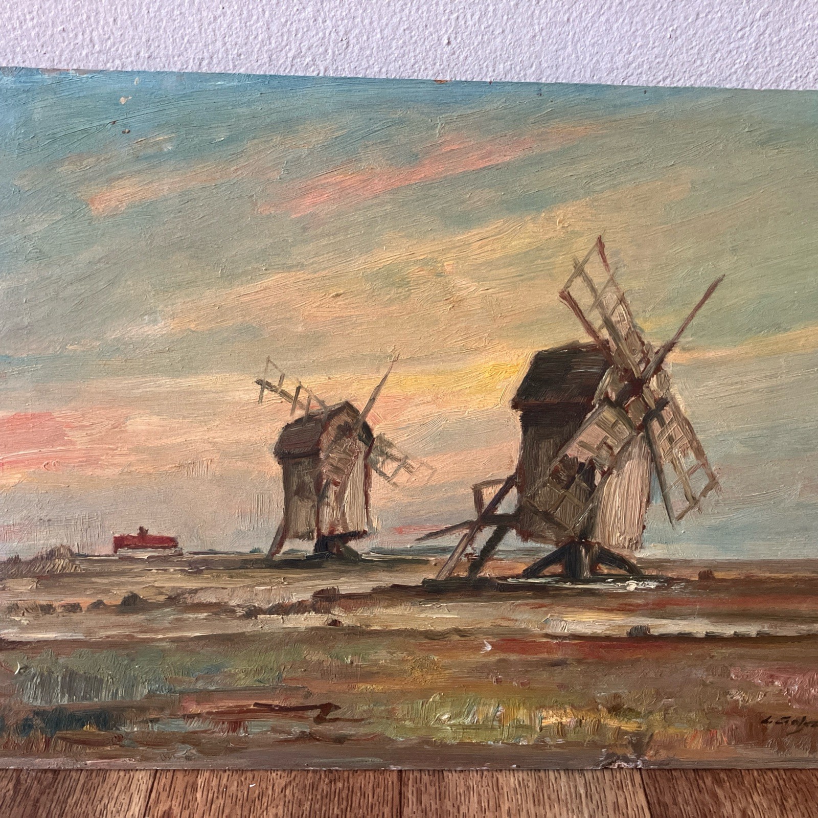 Mid-Century Rural Dutch Windmill Oil On Masonite» 12″By 16″ Illegibly Signed