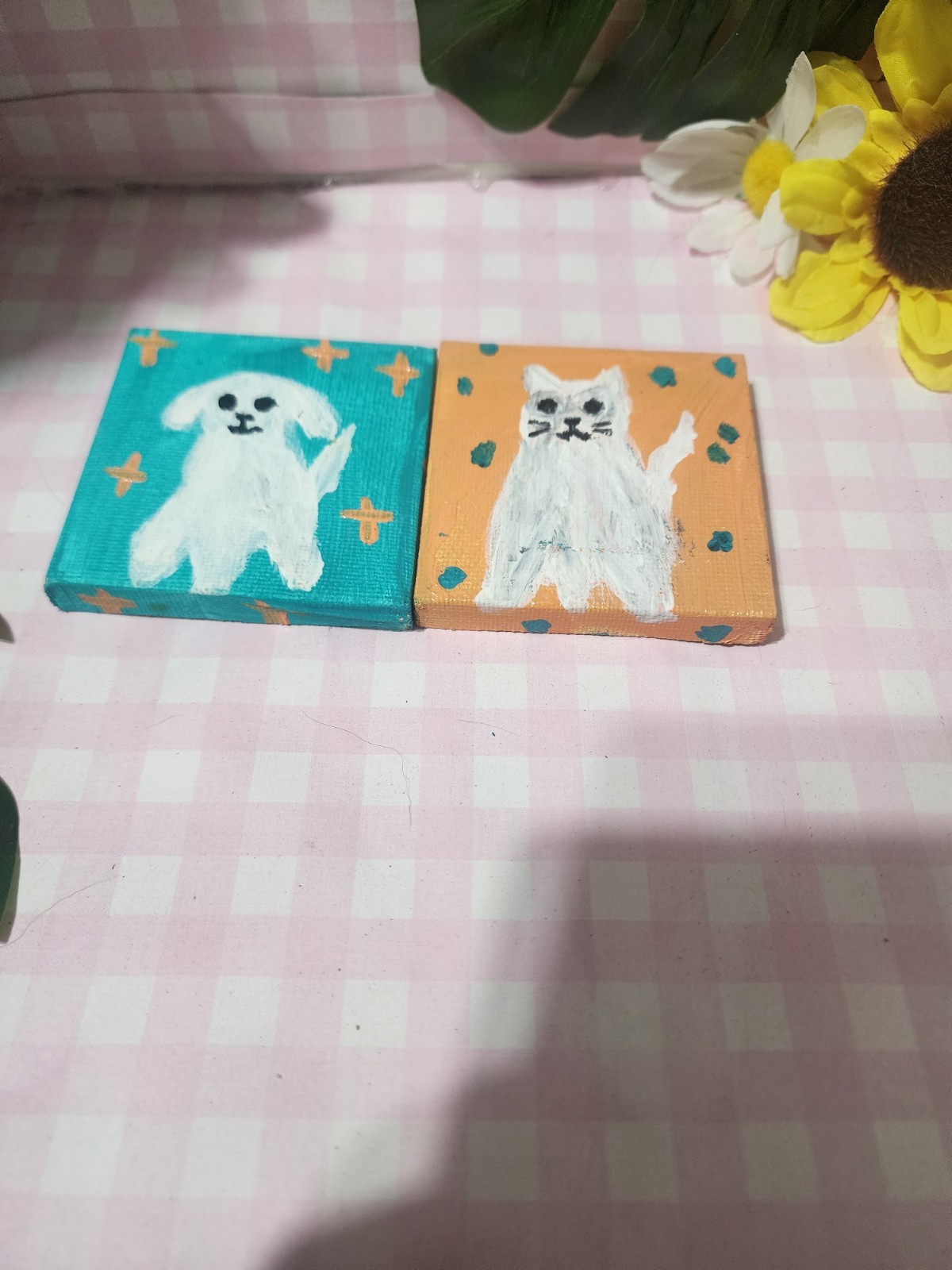 Original Painting Canvas, ghost cat, ghost dog, duo, set, polka dots, stars