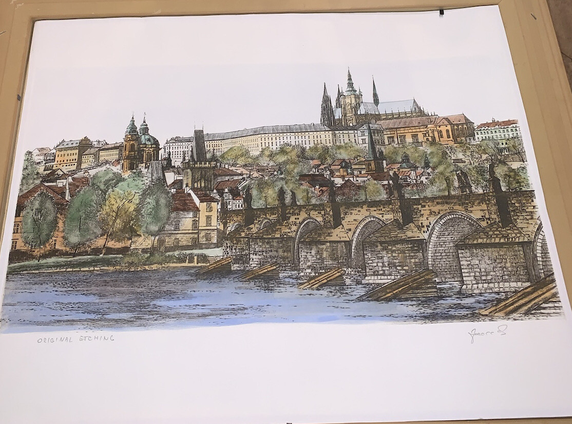 Vintage Notre Dame Original Etching France Hand Colored 24.5”X 20.5” Framed