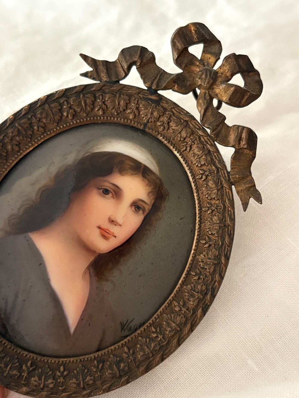 19th C. Miniature Portrait of Ruth on Porcelain, Signed Wagner, Ornate Frame