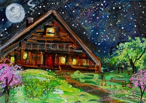 ACEO Original PAINTING Spring TREE Night Sky Moon CABIN Nature Landscape ATC ART