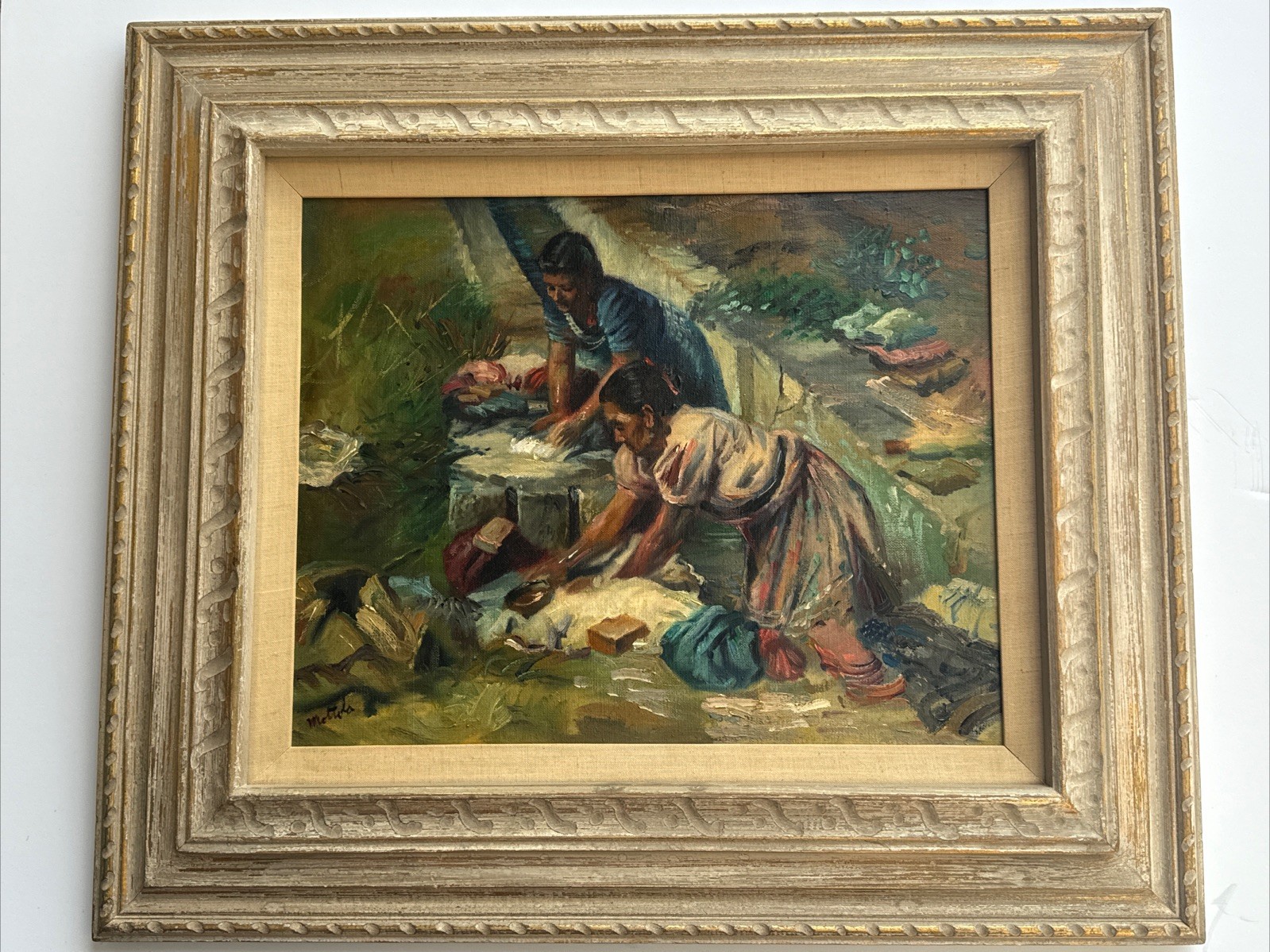Native American Painting Indian Women Washing Clothes Landscape Fil Mottola Oil