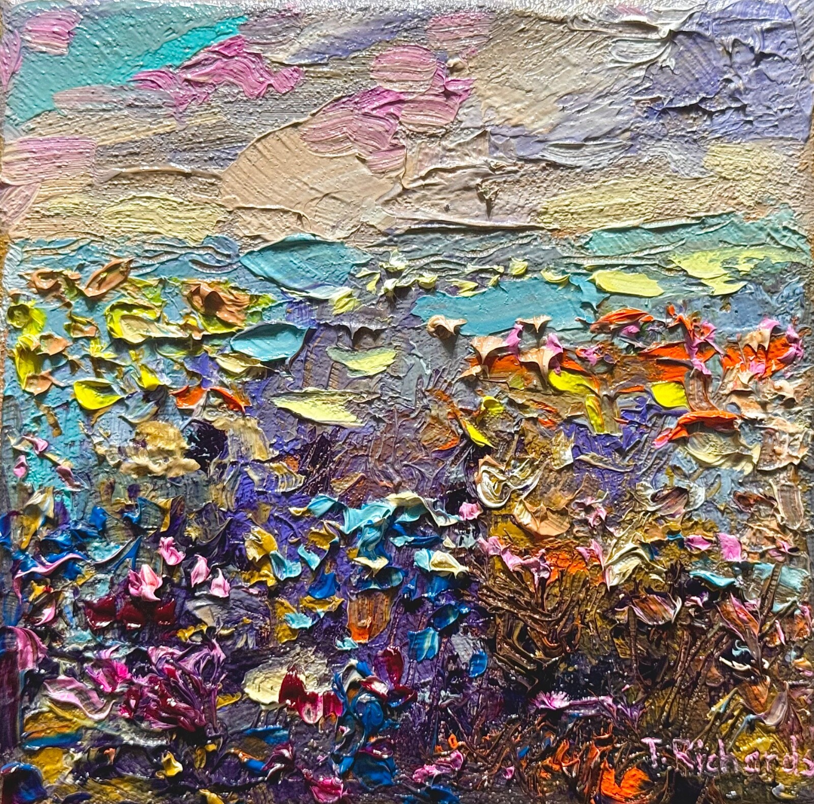 Wildflowers Oil painting ORIGINAL art Lupine floral field artwork Landscape 6×6″