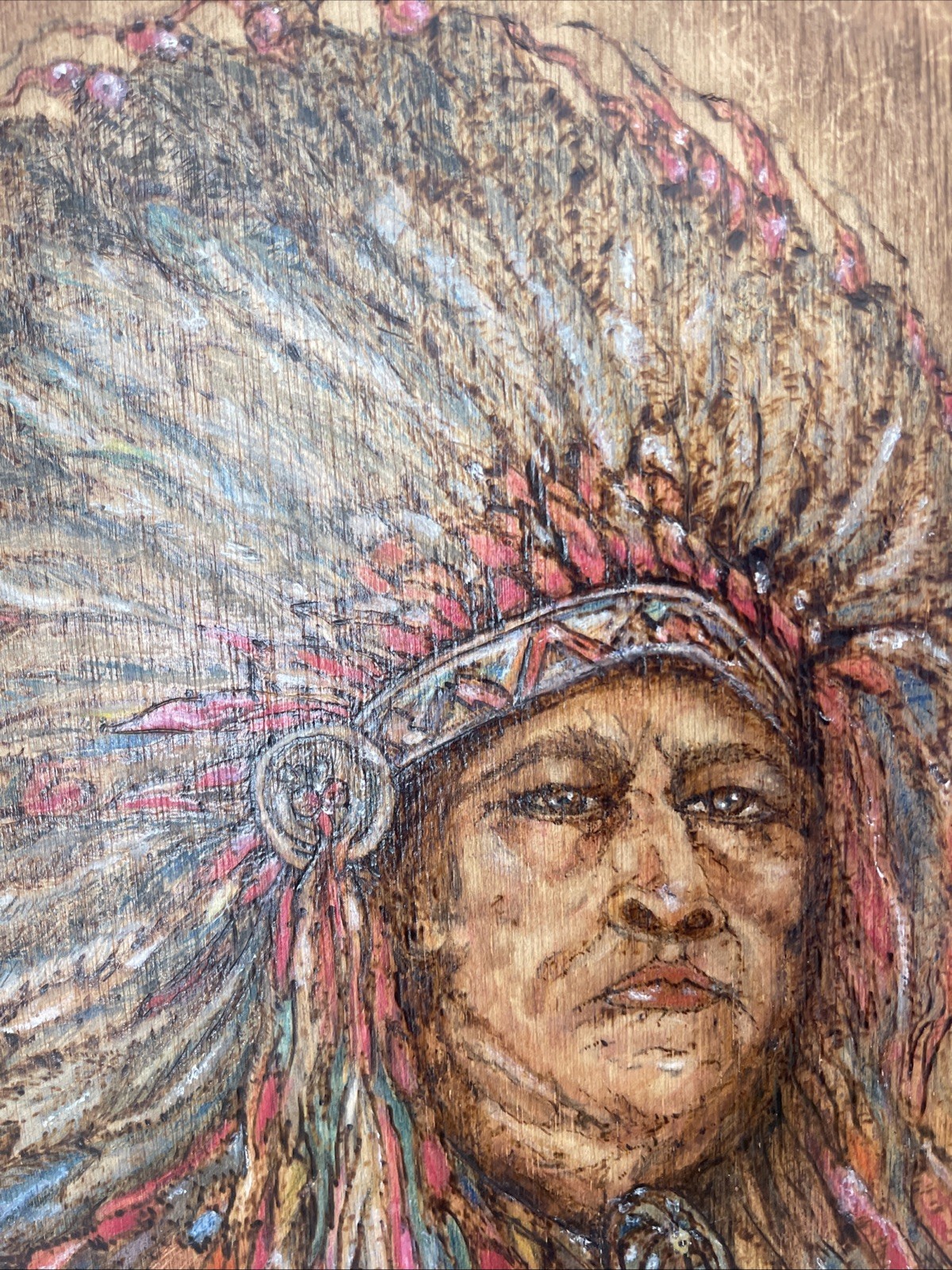 Native Sioux Indian Chief Etched Painting Sitting Bull On Wood 15×12” Vintage