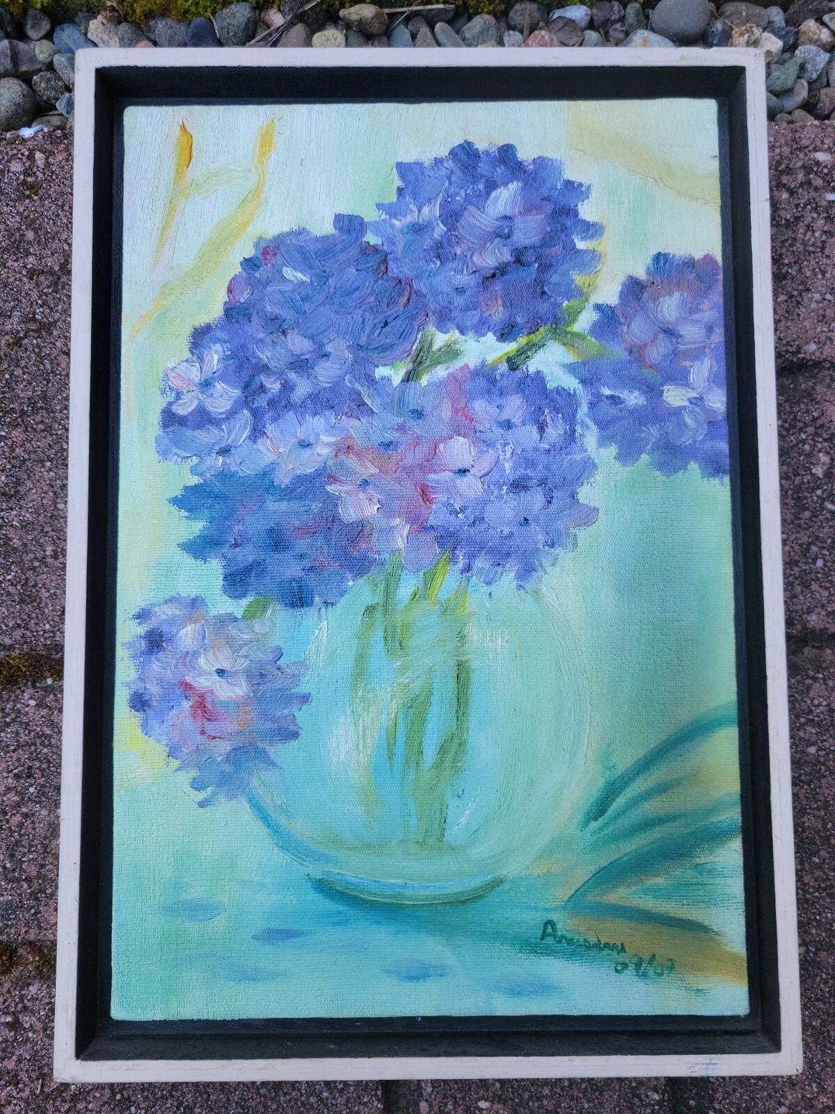 Hydrangeas Original Painting Acrylic On Canvas Floating Frame 13×9