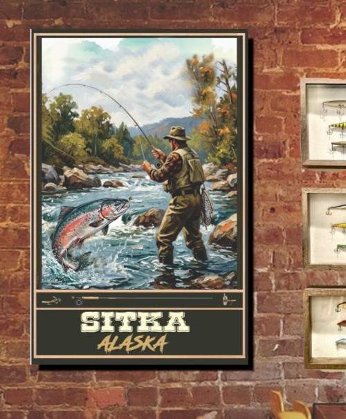 Salmon Fly Fishing Travel Poster Sitka Alaska Print, Canvas, or Framed