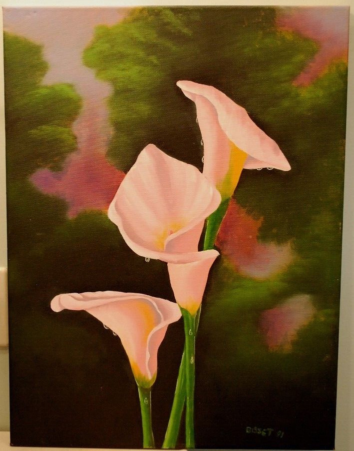 Vintage PINK CALLA LILIES FLOWERS Original Art ACRYLIC PAINTING Signed 24″ x 18″