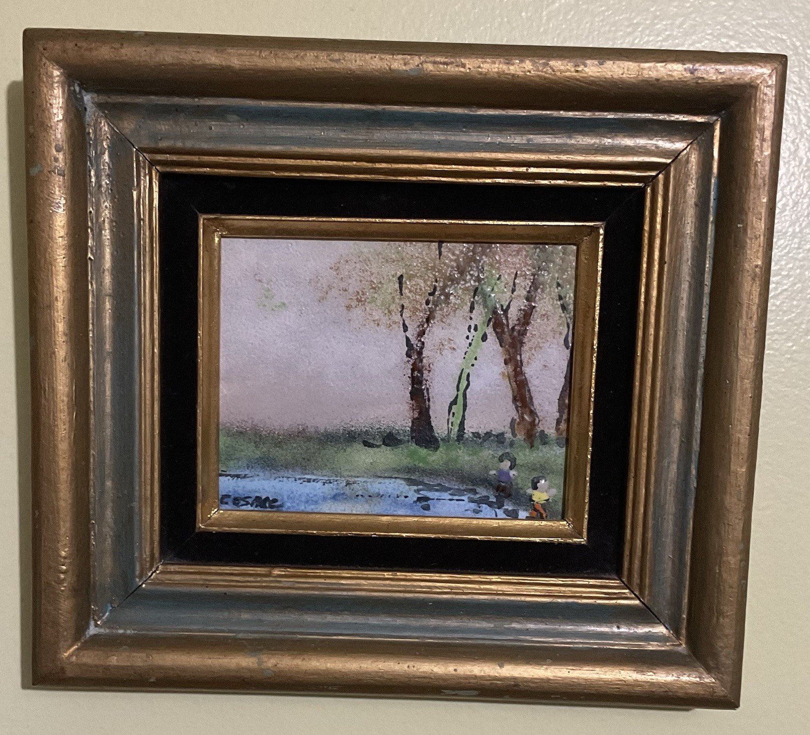 Antique Original Enamel On Copper Mid-Century Tile Painting Signed By Cesare
