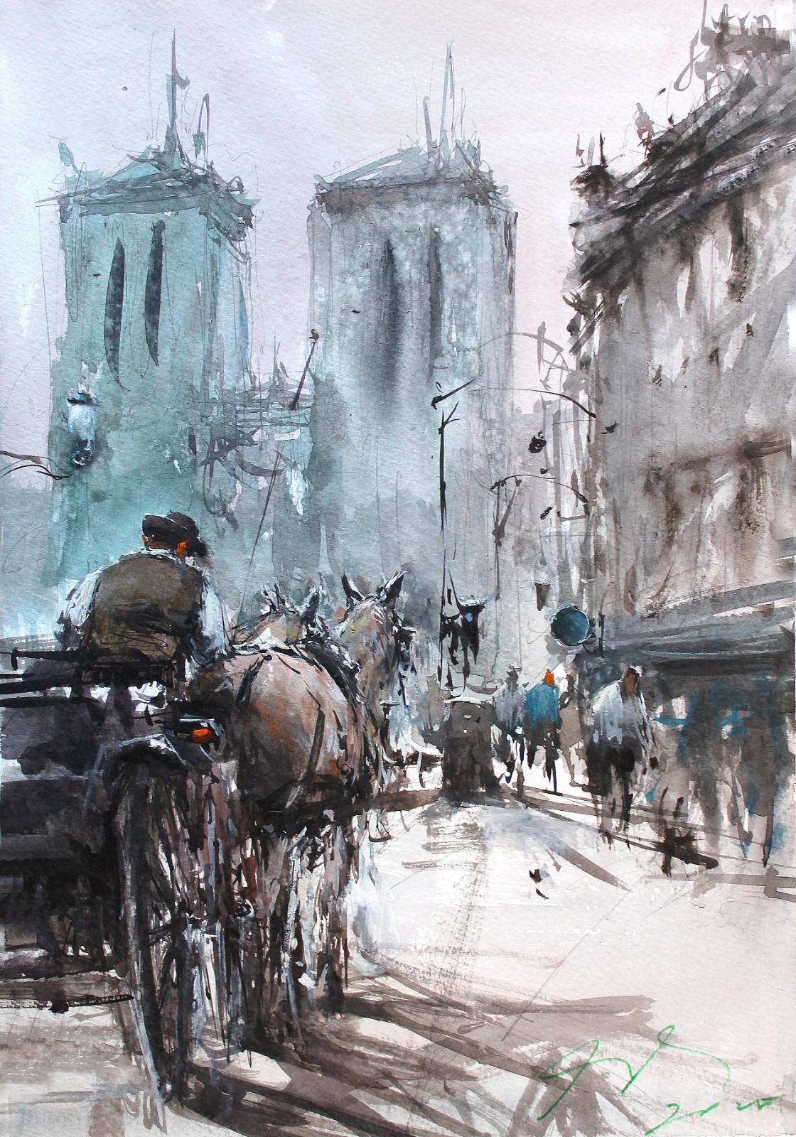 ORIGINAL PAINTING WATERCOLOR PARIS CITY SCENE NOTRE DAME HORSE CARRIAGE 13×9 in