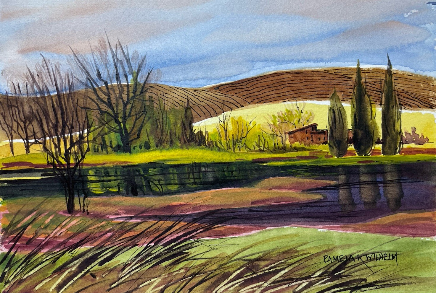 5×7 Pamela Wilhelm Original Watercolor MCM HOME & Landscape Brown Yellow