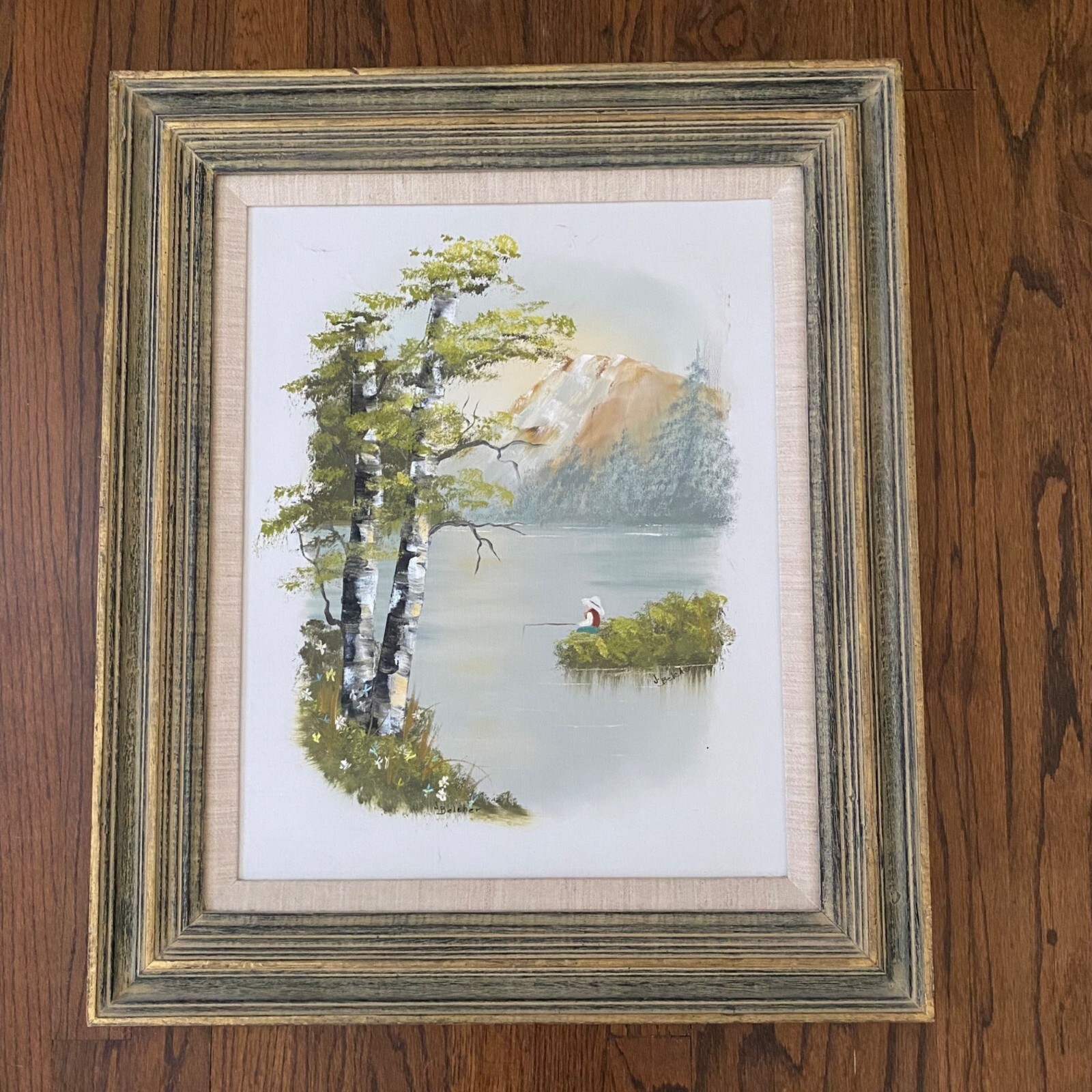 Vintage Original Oil Painting Fishing Landscape Framed Art Signed J Belcher