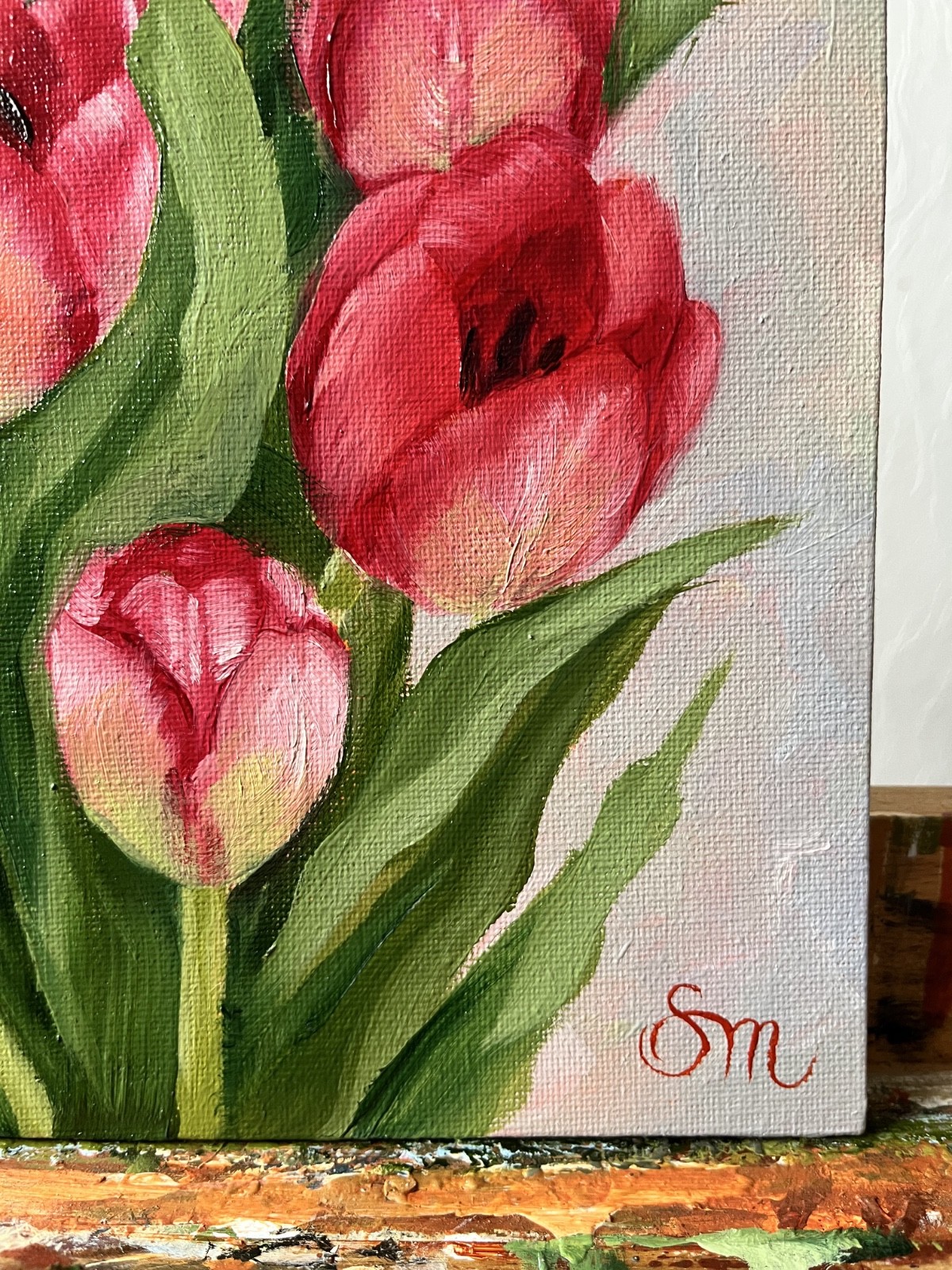 Tulip original oil painting 10×10 in (25x25cm) Realistic red pink flowers