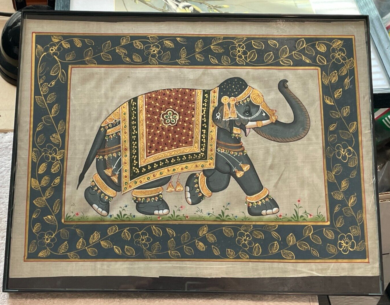 Vintage Hand Painted Asian Trunk Up Elephant on Silk Fabric Framed 10″ x 14″