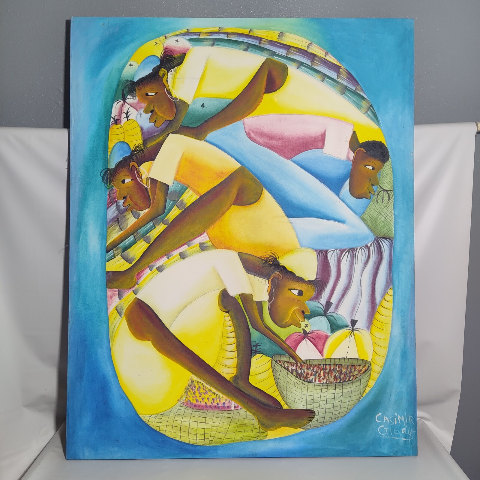 Signed Colorful Laurent Casimir Haitian artist acrylic/Oil on canvas 38″ x 30″